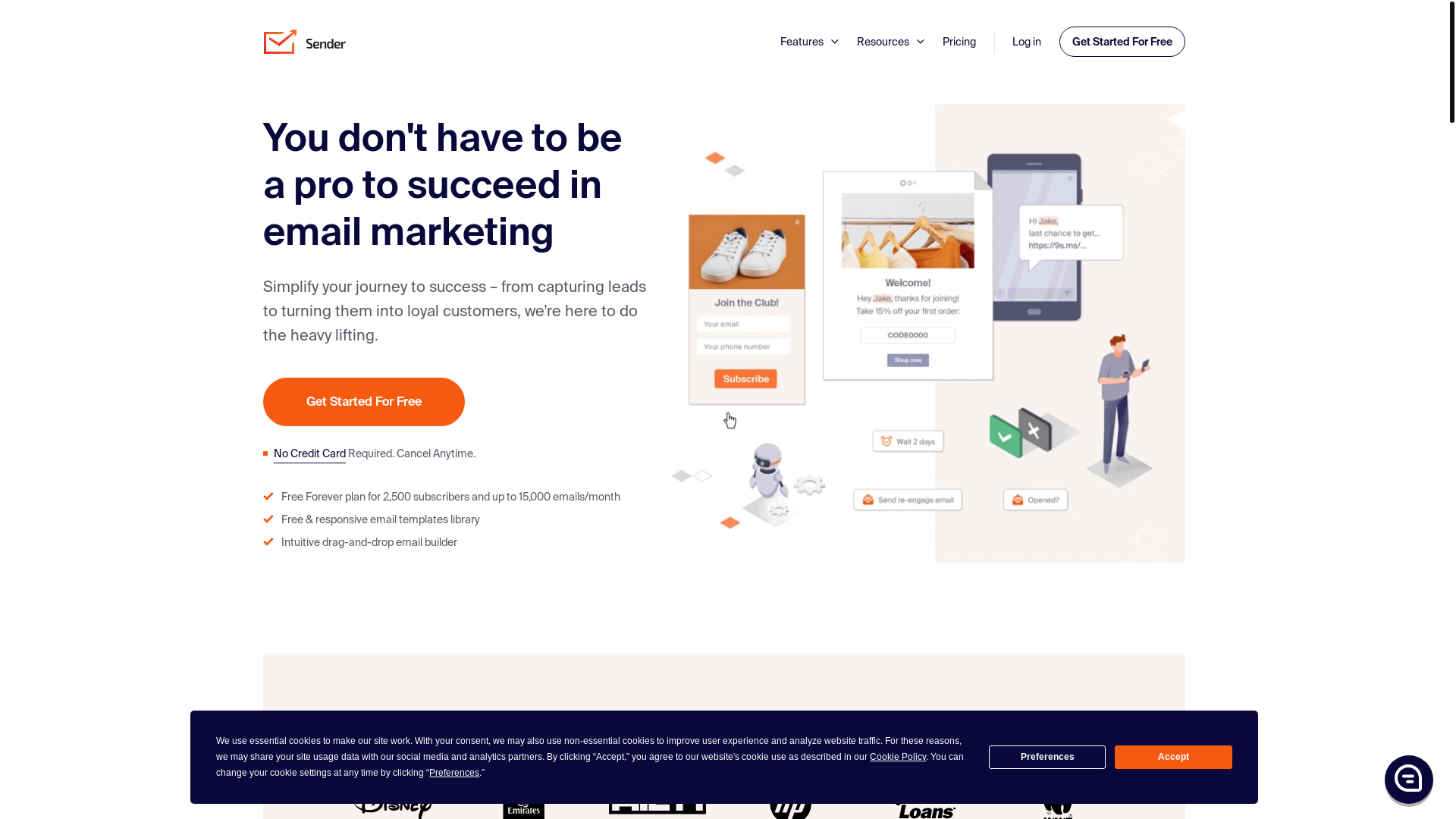 website screenshot of https://sender.net/