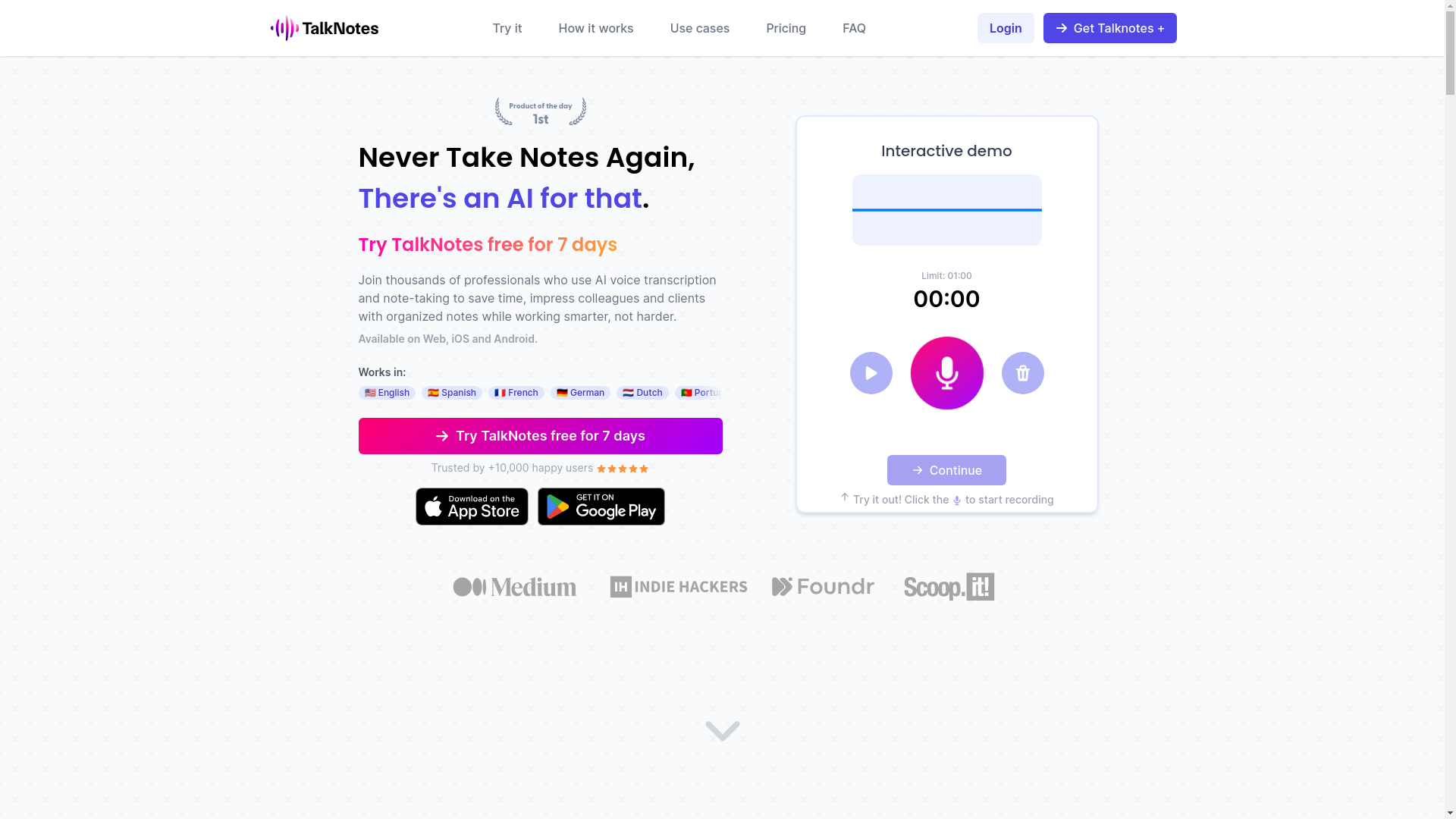 website screenshot of https://talknotes-app.pages.dev/