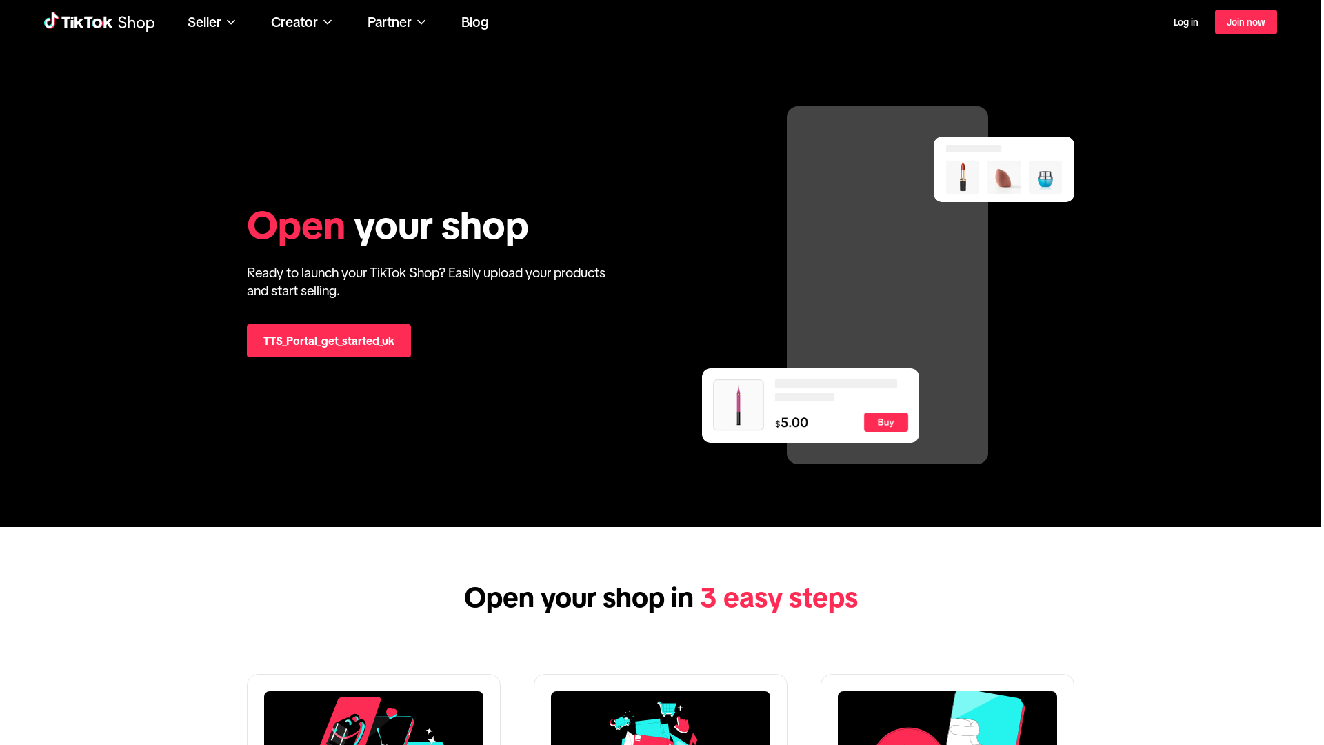 website screenshot of https://business.tiktokshop.com/us/seller/create