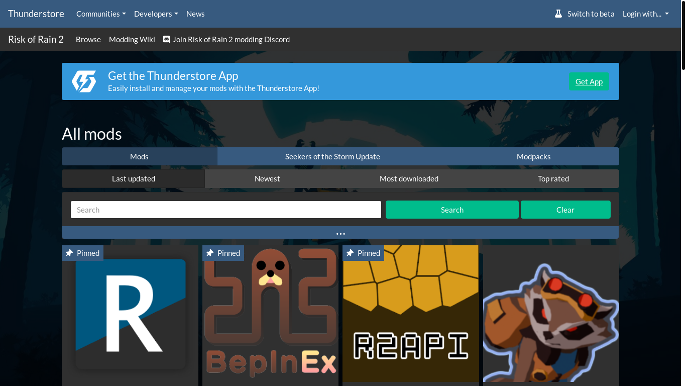 website screenshot of https://thunderstore.io/