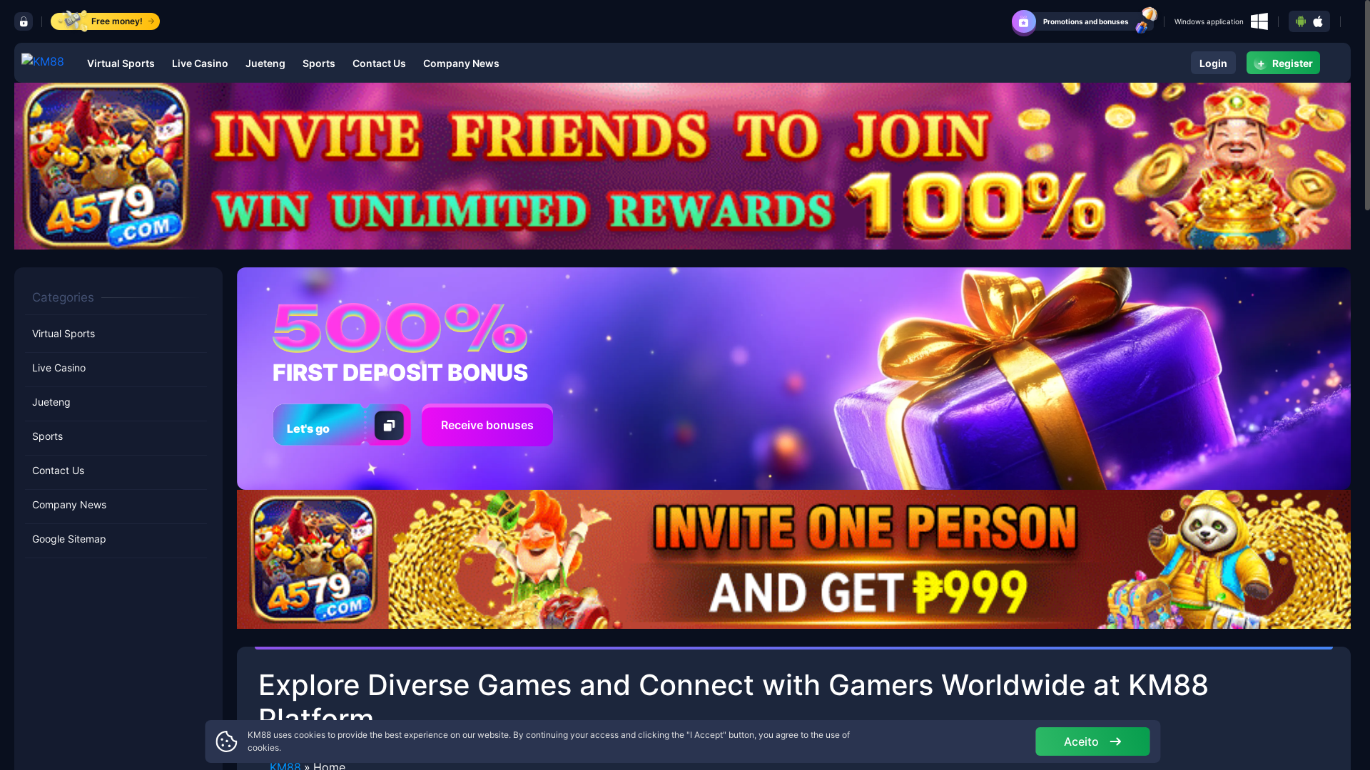 website screenshot of https://km88spin.com/