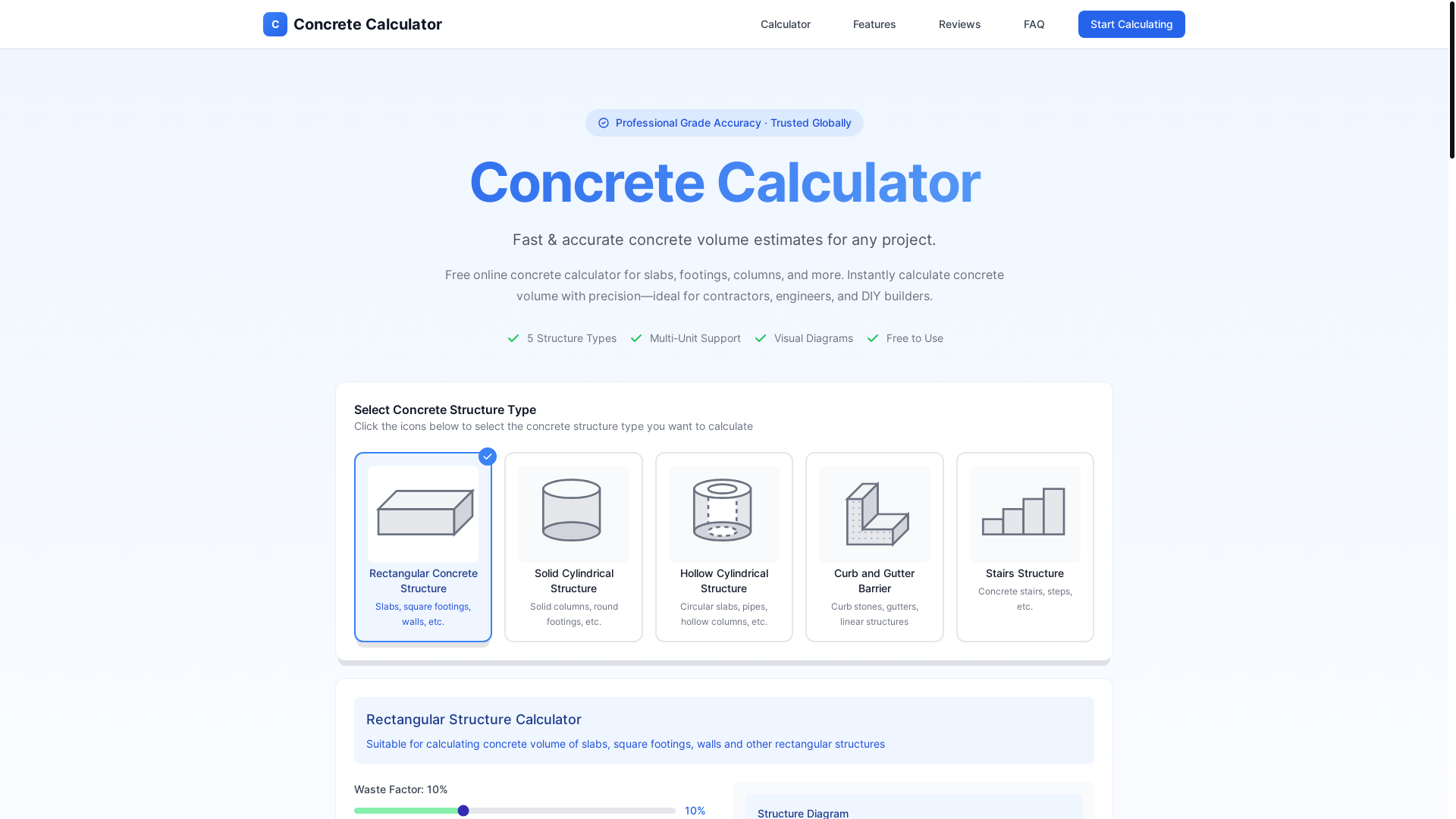 website screenshot of https://free-concrete-calculator.com/