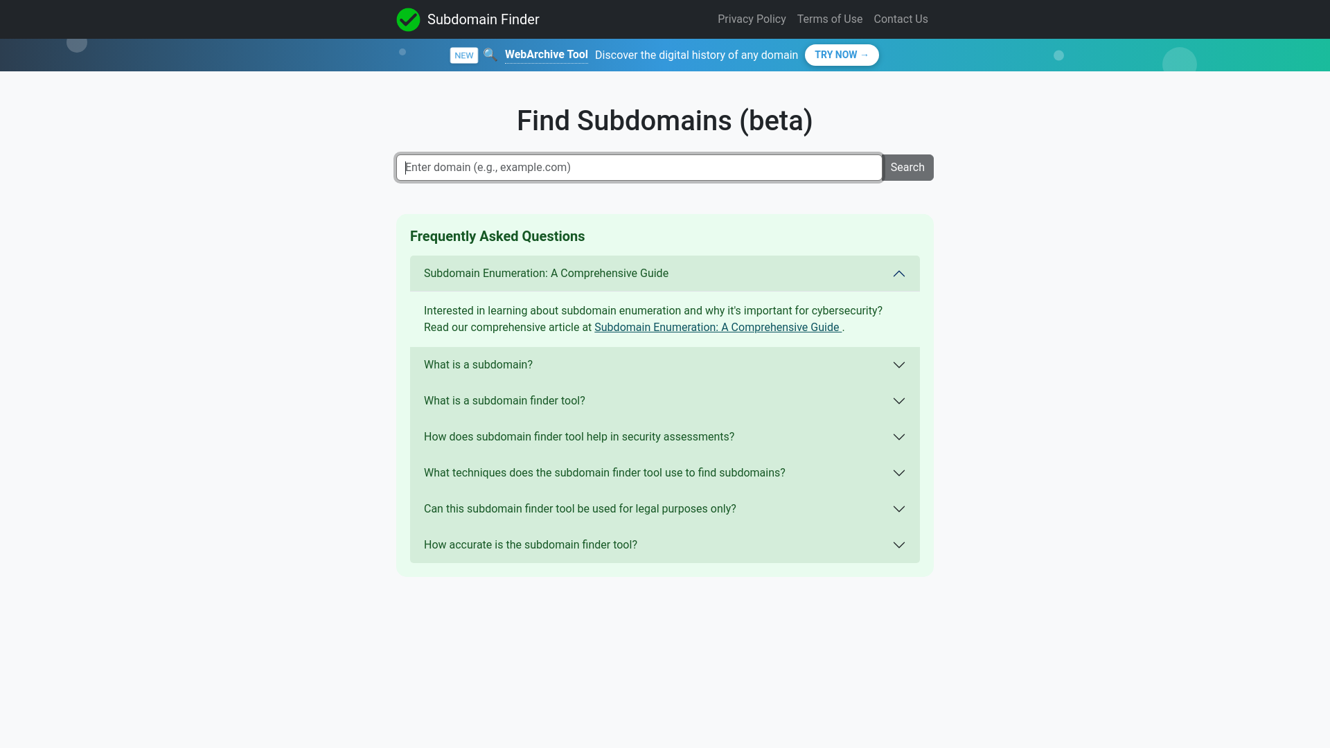 website screenshot of https://subdomainfinderpage.pages.dev/