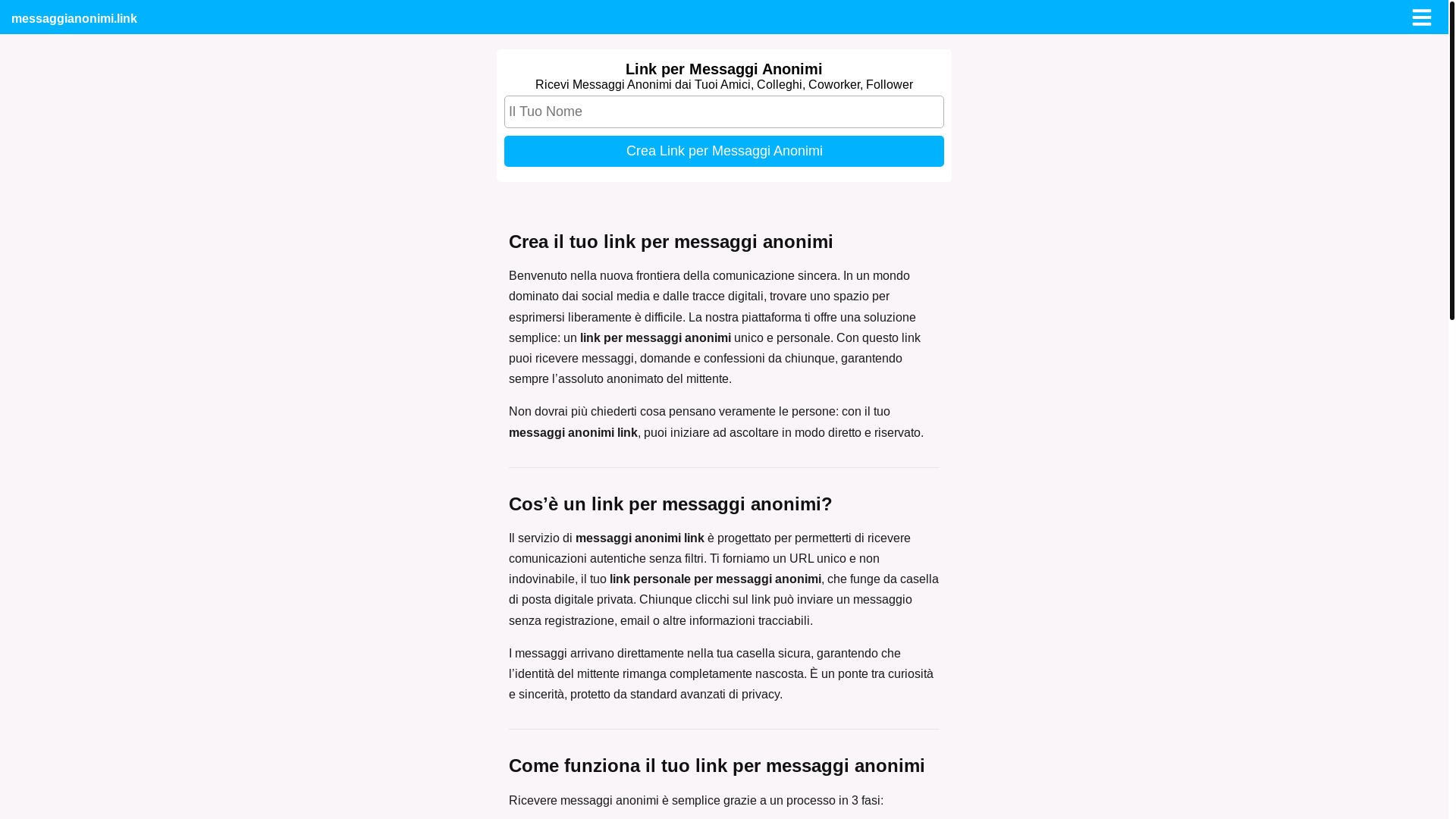website screenshot of https://messaggianonimi.link/