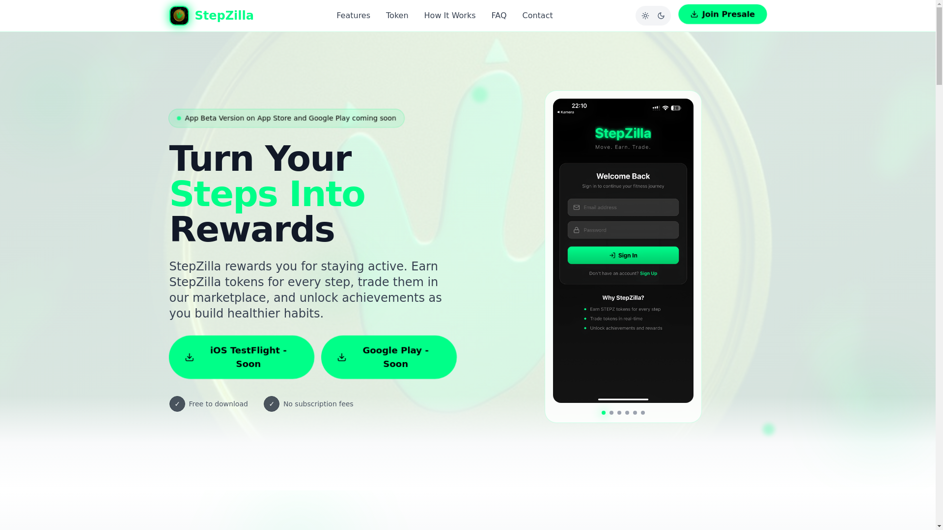 website screenshot of https://stepztoken.com/