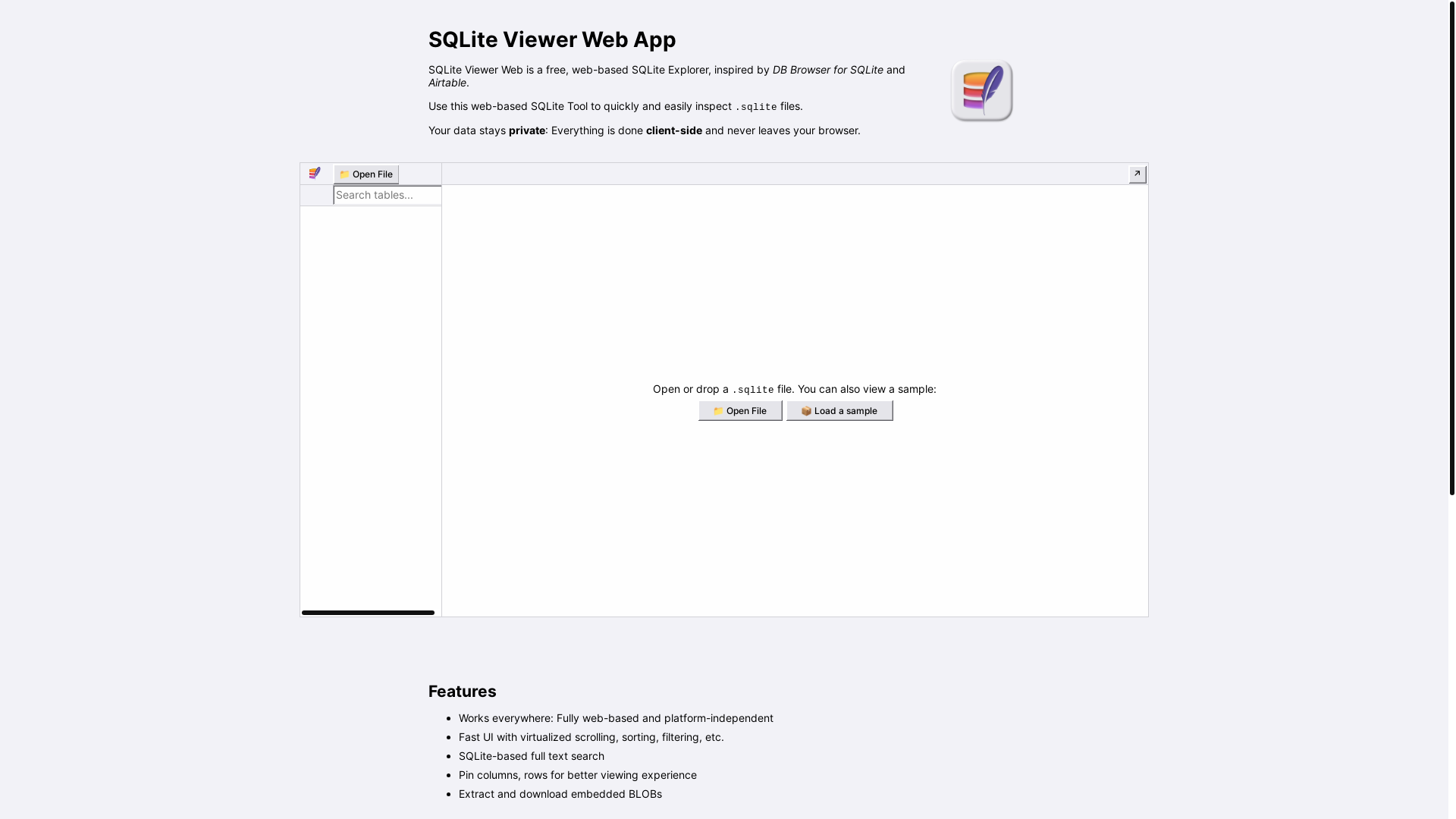 website screenshot of https://sqliteviewer.app/#/