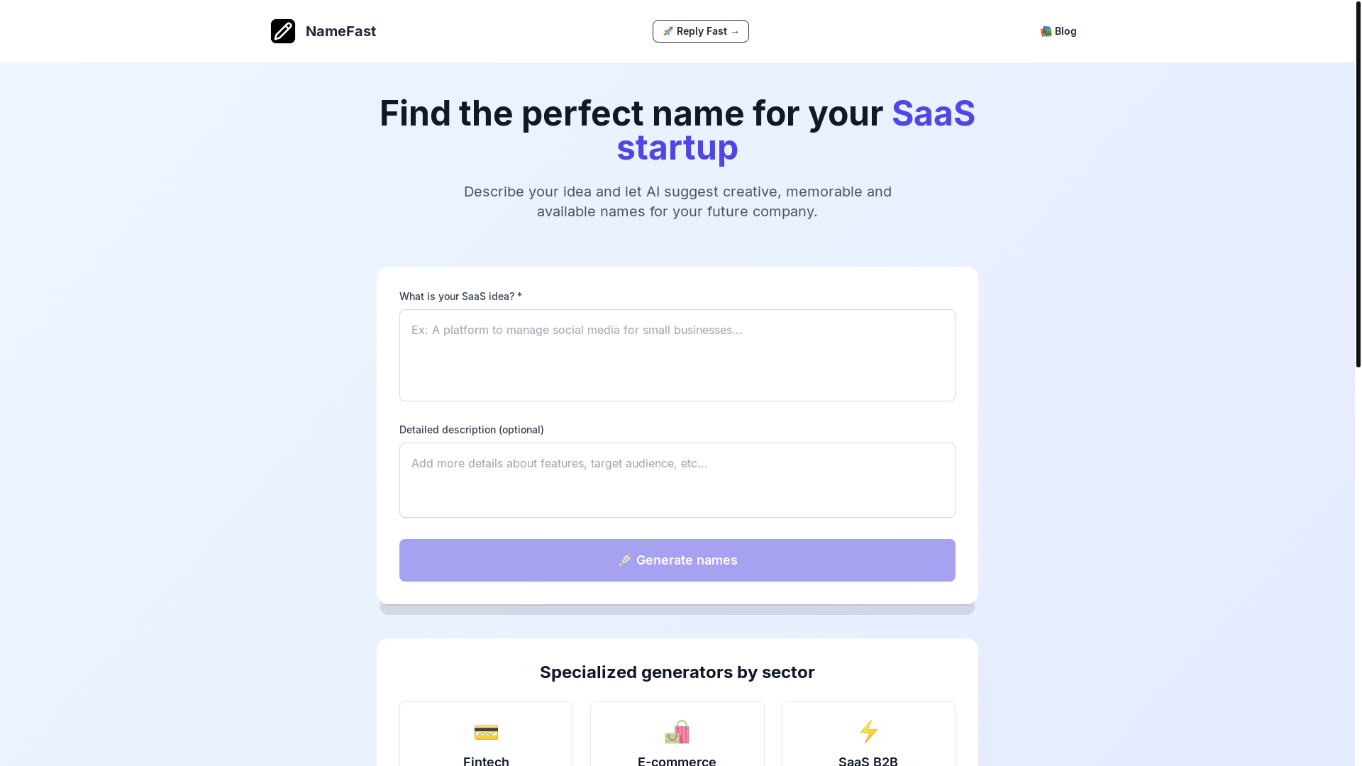 website screenshot of https://namefast.me/