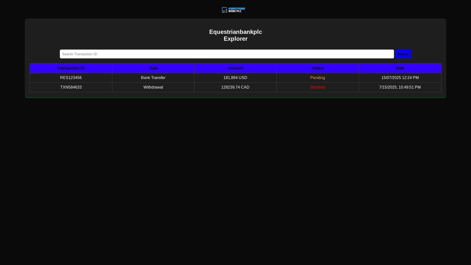 website screenshot of https://equestrianbankplcblockexplorer.pages.dev/