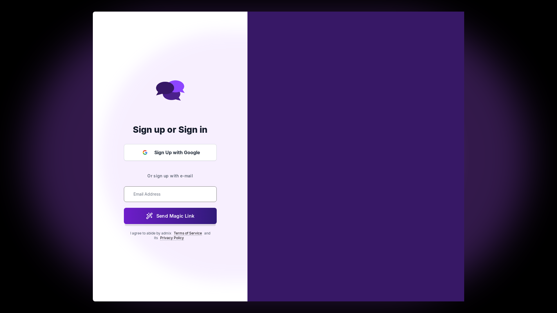 website screenshot of https://app.admix.software/