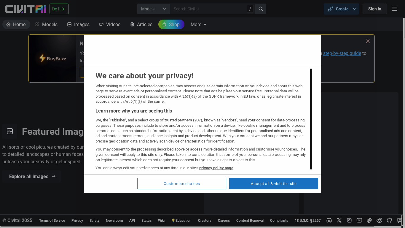 website screenshot of https://civitai.com/