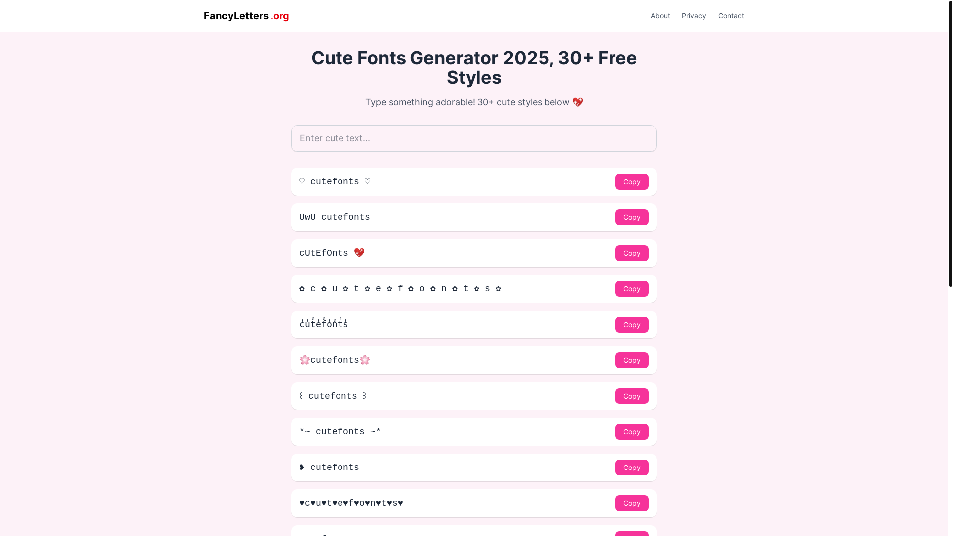 website screenshot of https://fancycutefonts.pages.dev/
