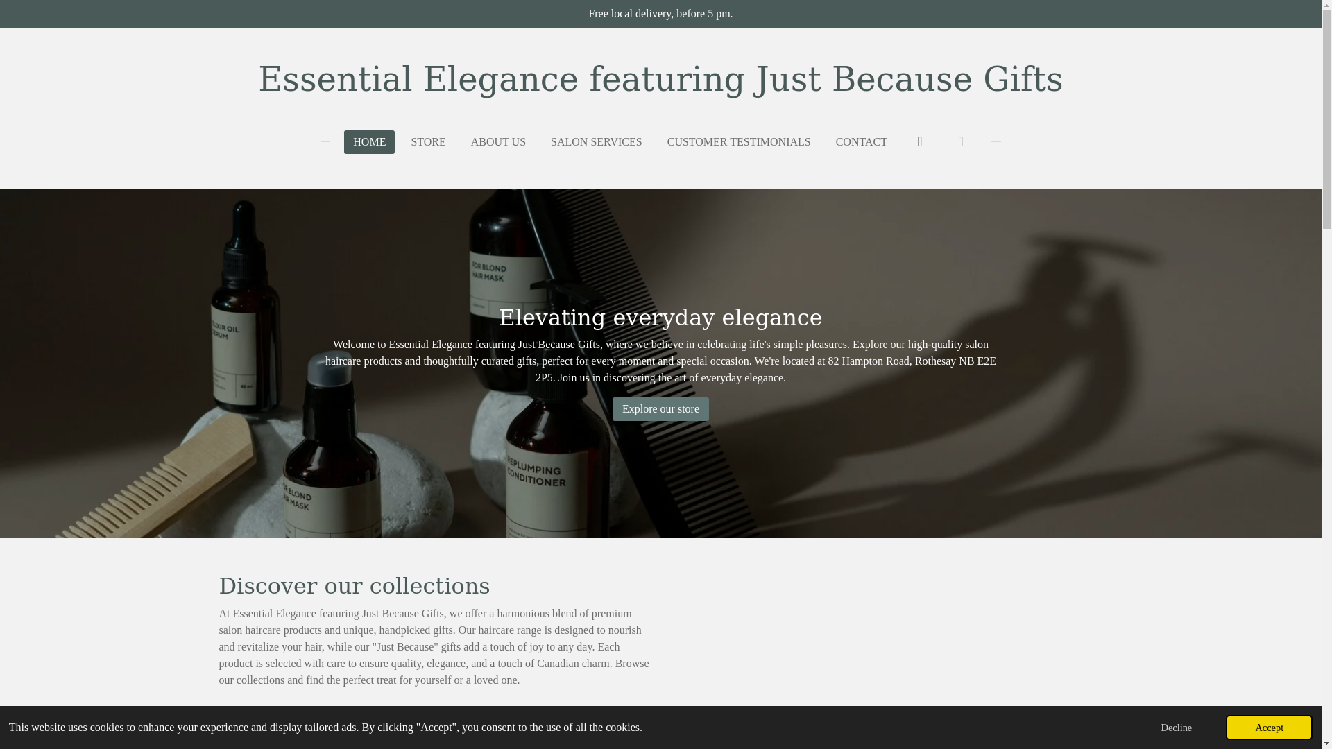 website screenshot of https://essentialelegancefeaturingjustbecausegifts.ca/