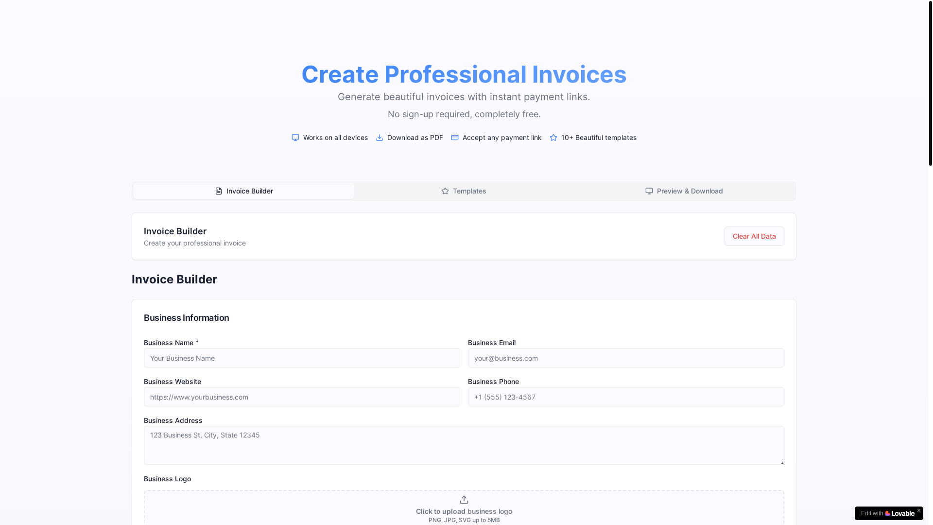 website screenshot of https://instantinvoicemaker.com/