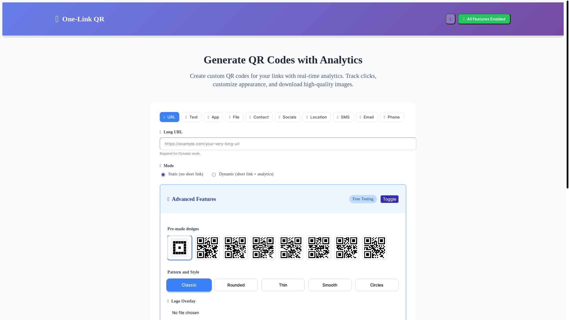website screenshot of https://onelink-qr-frontend.pages.dev/