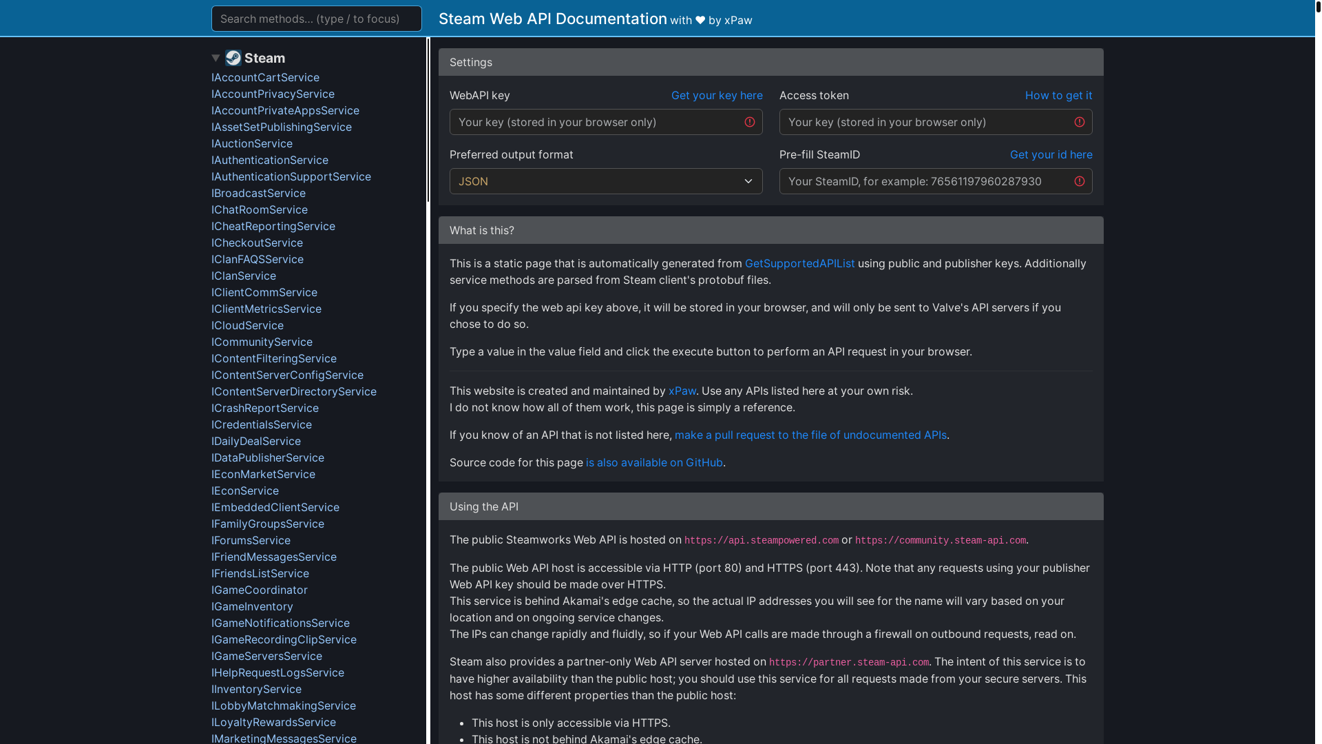 website screenshot of https://steamapi.xpaw.me/