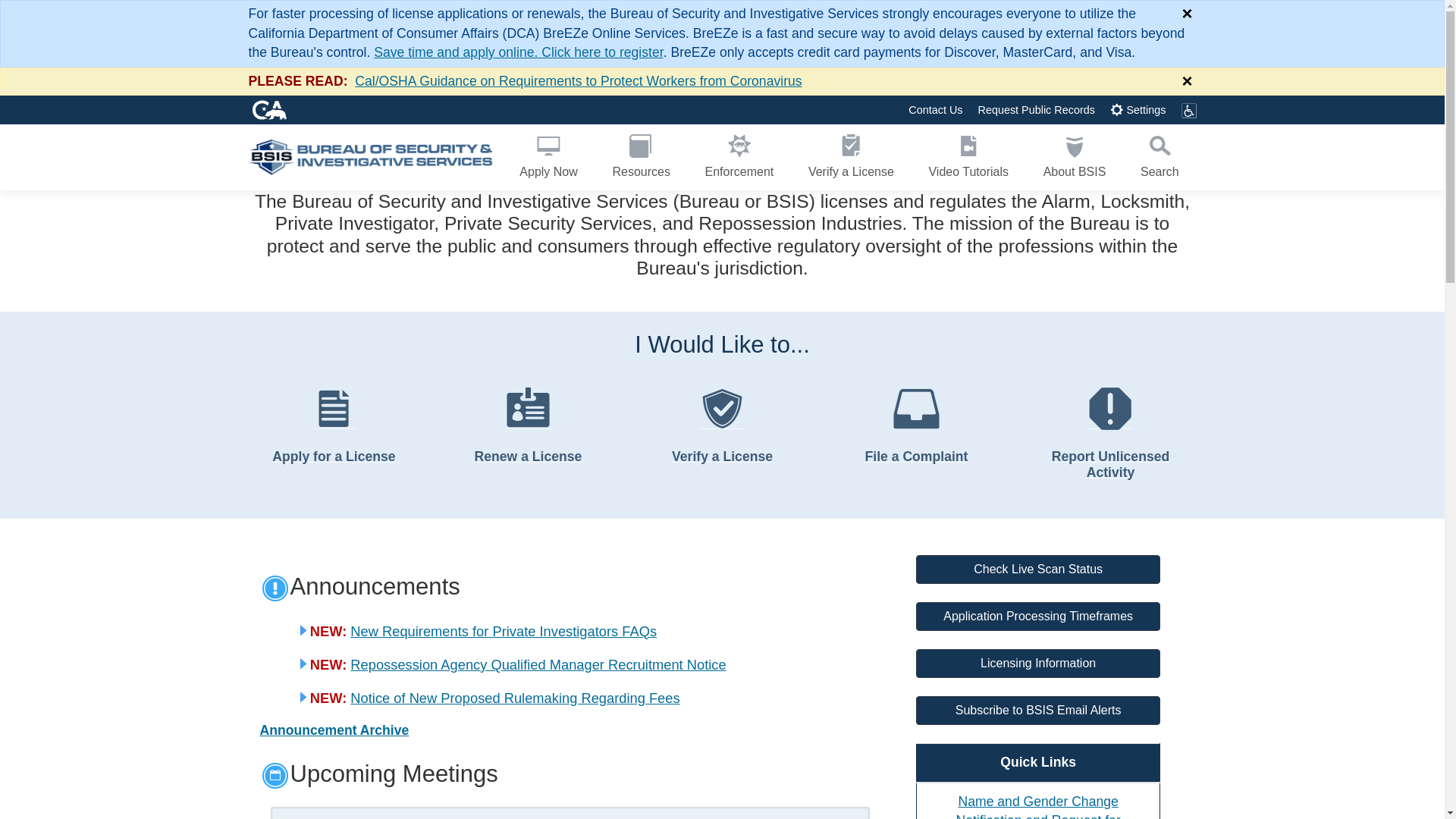 website screenshot of https://www.bsis.ca.gov/