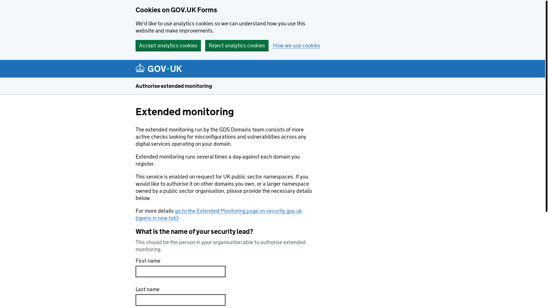 website screenshot of https://submit.forms.service.gov.uk/form/4323/authorise-extended-monitoring/14853