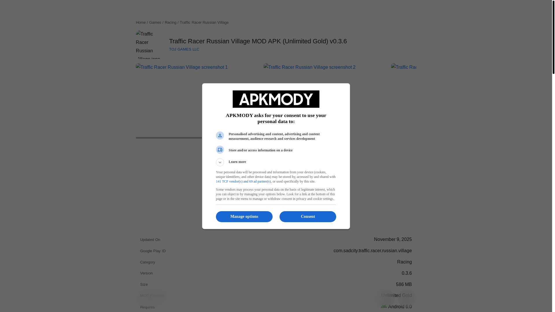 website screenshot of https://apkmody.com/games/traffic-racer-russian-village