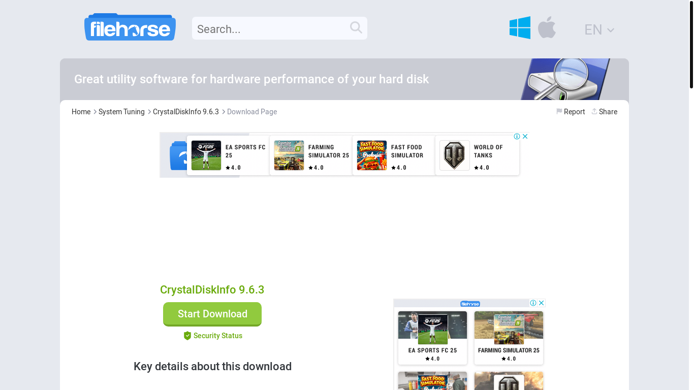 website screenshot of https://www.filehorse.com/download-crystaldiskinfo/download/
