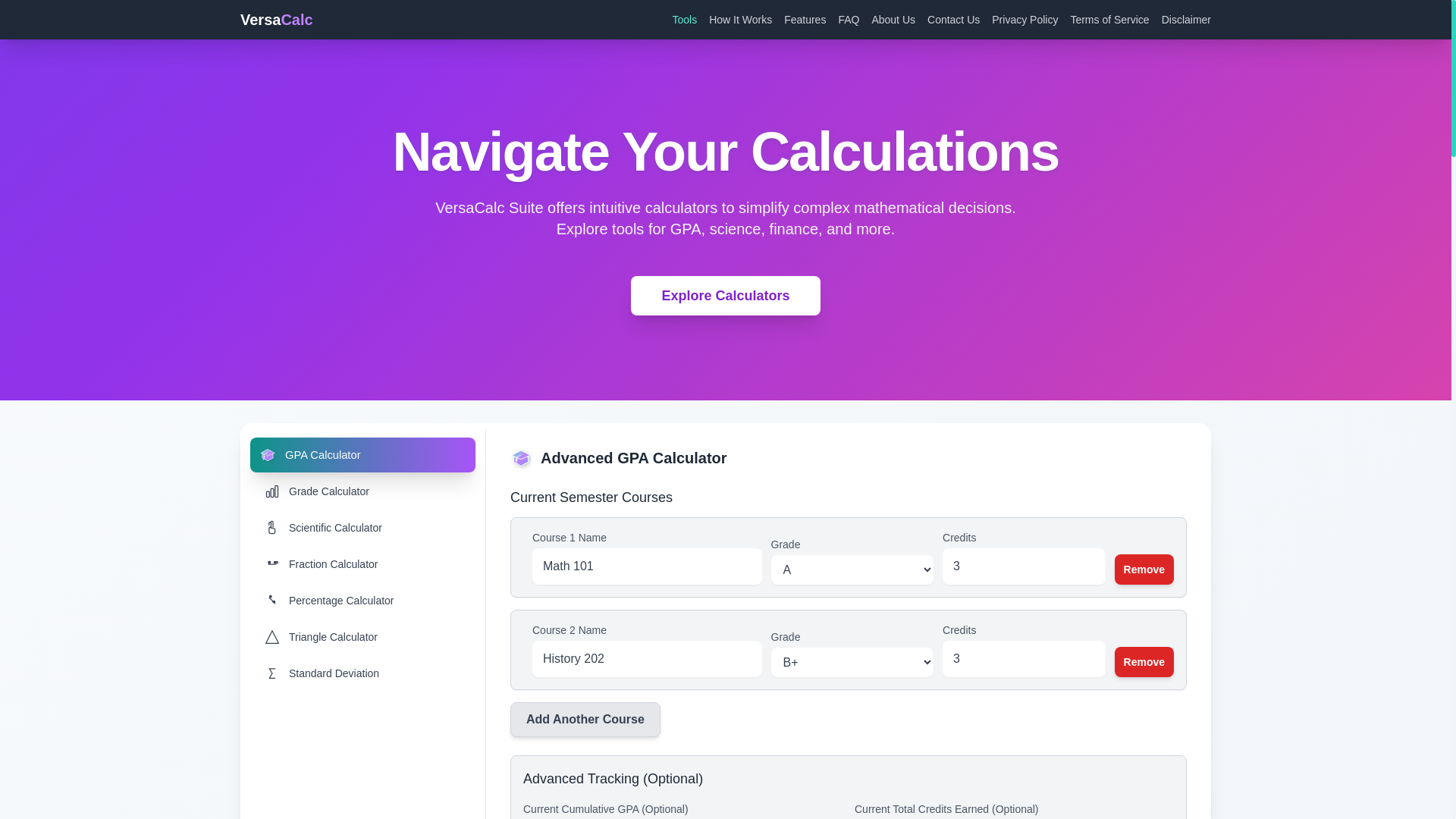 website screenshot of https://versacalc-suite.pages.dev/