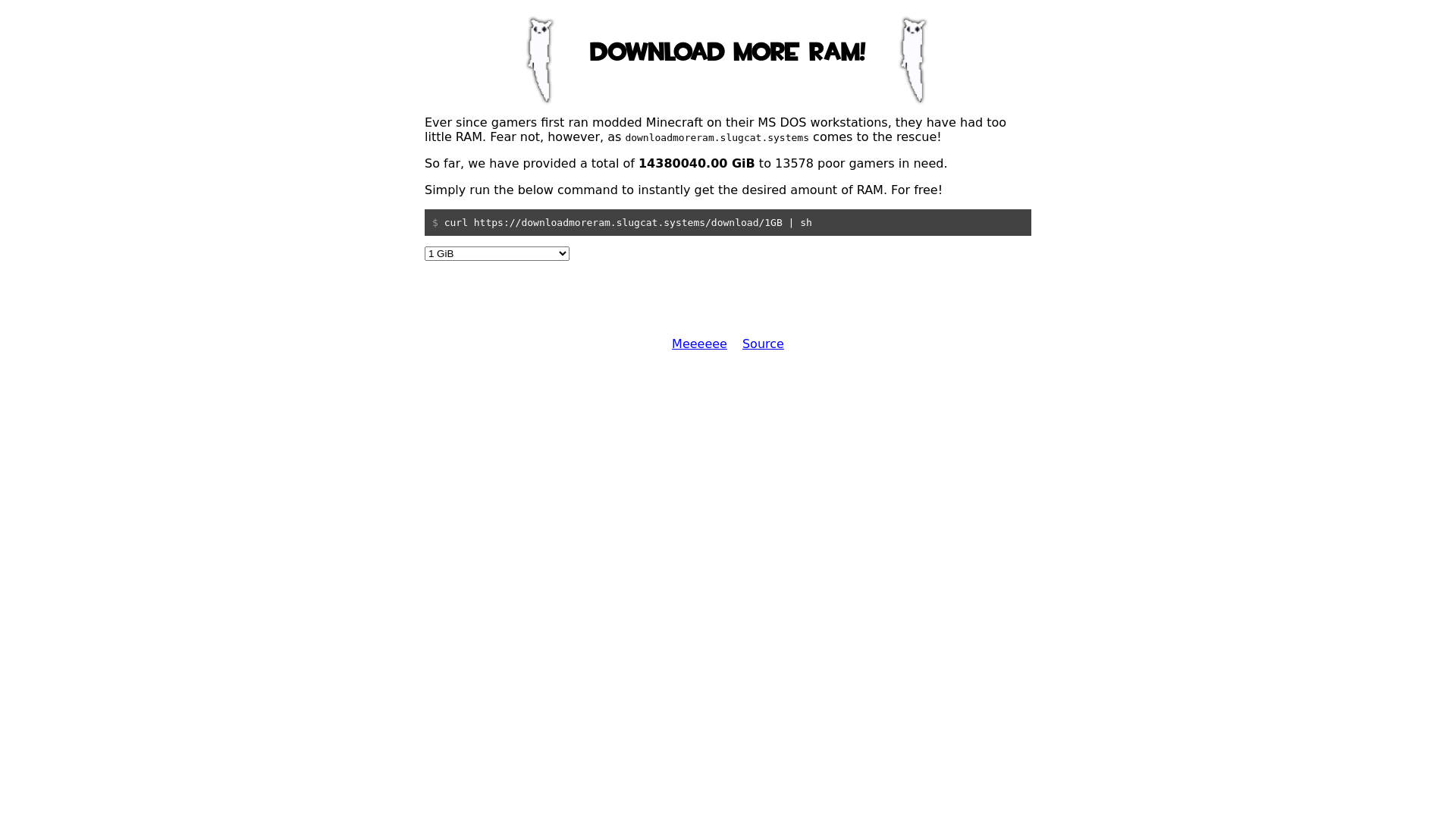 website screenshot of https://downloadmoreram.slugcat.systems/