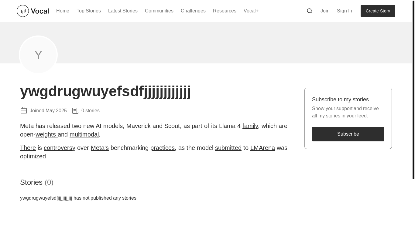 website screenshot of https://vocal.media/authors/ywgdrugwuyefsdfjjjjjjjjjjjj