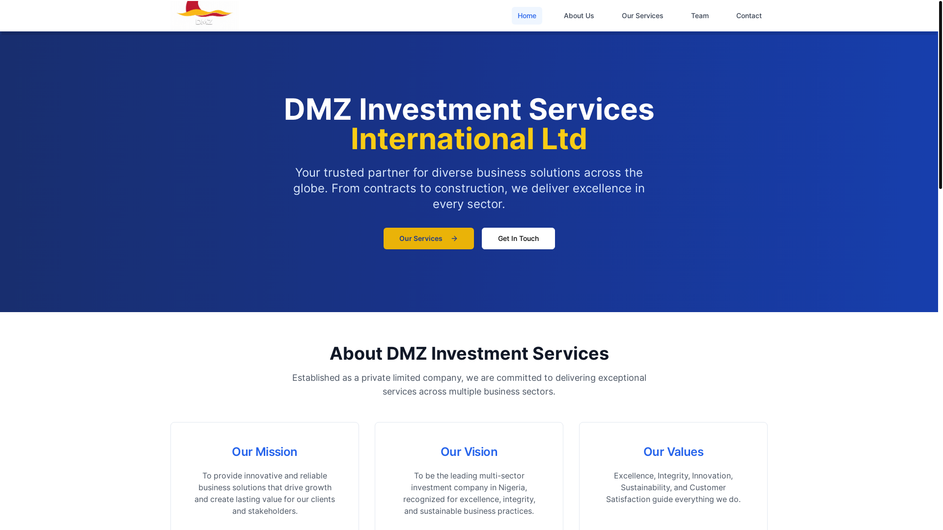 website screenshot of https://dmzinvestments.com/