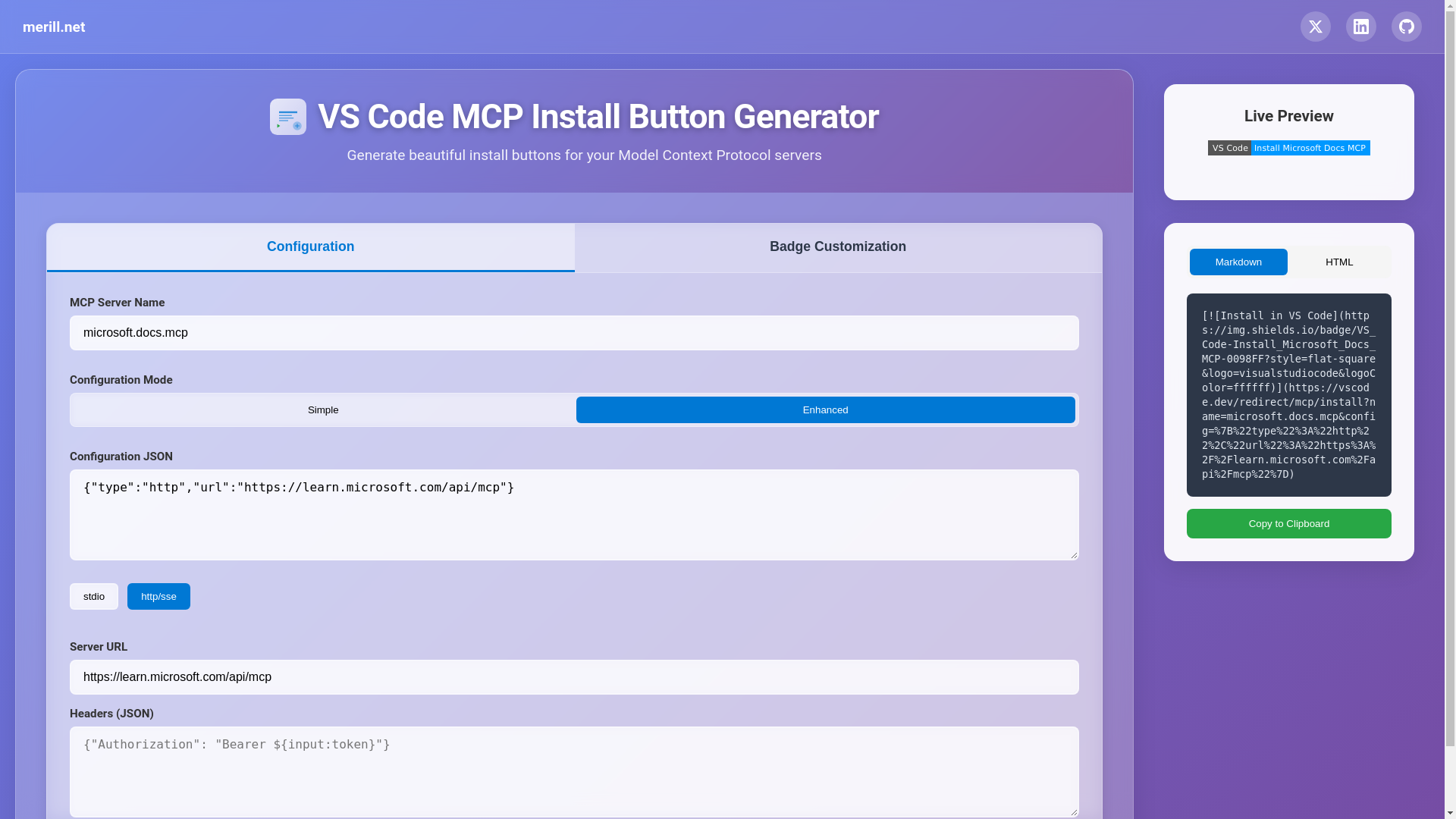 website screenshot of https://vscode-mcp-install-link-creator.pages.dev/