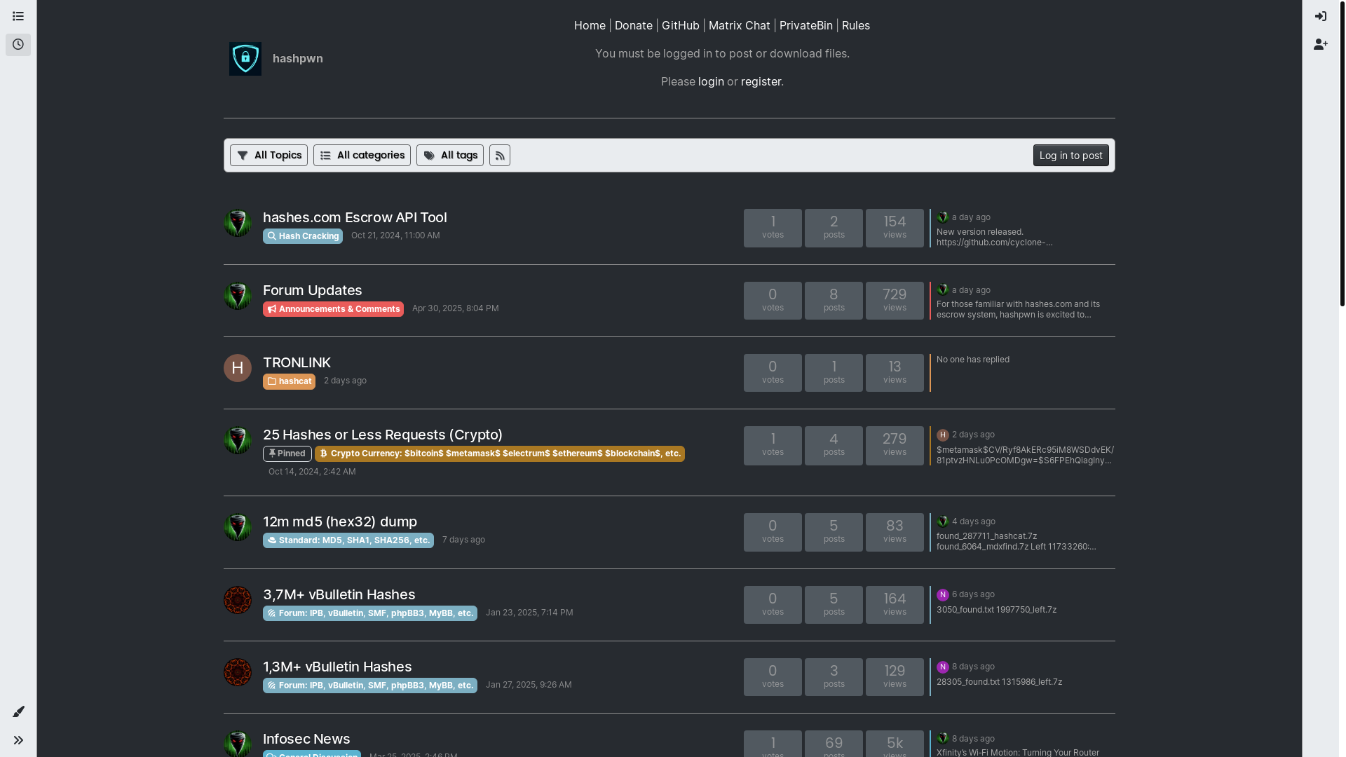 website screenshot of https://forum.hashpwn.net/recent