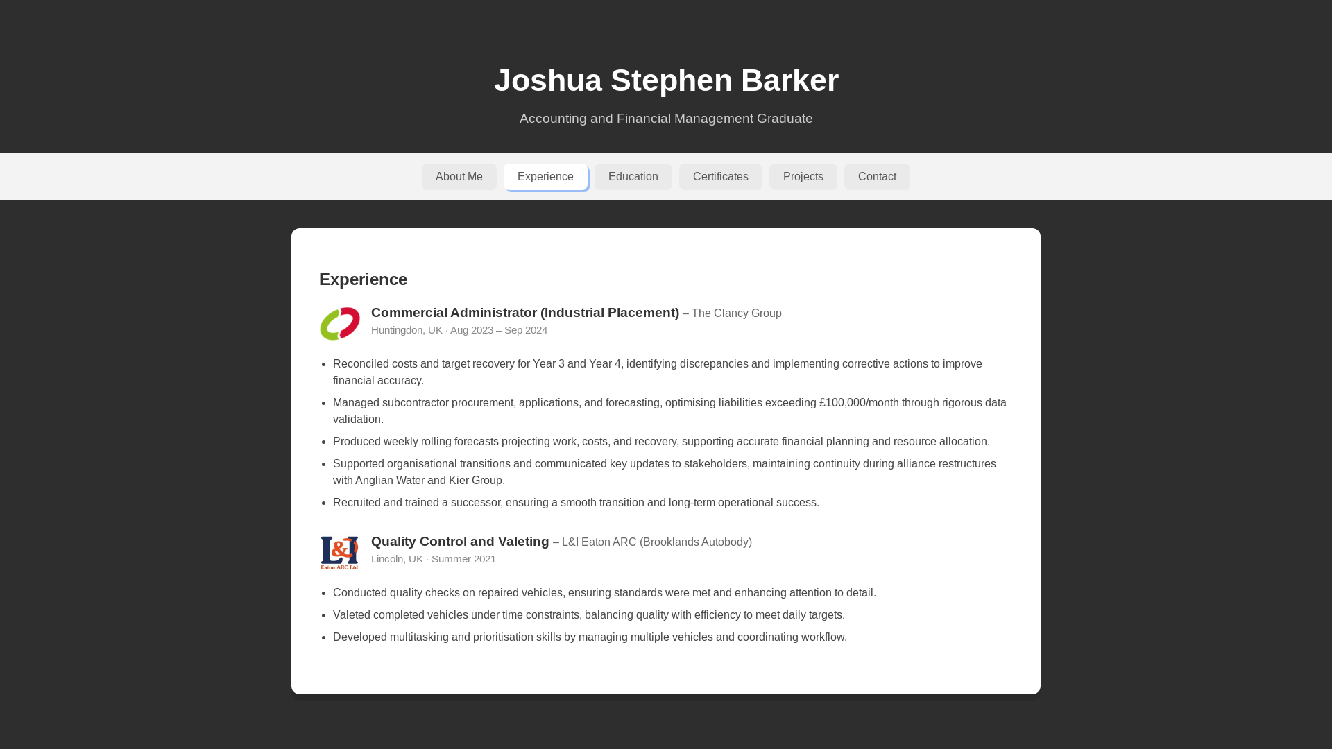 website screenshot of https://joshuabarker.co.uk/