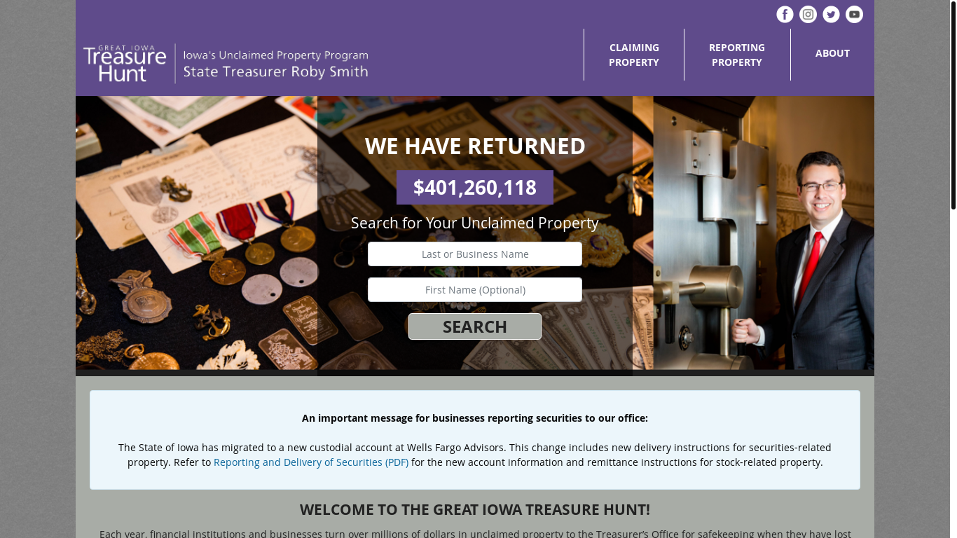 website screenshot of https://www.greatiowatreasurehunt.gov/