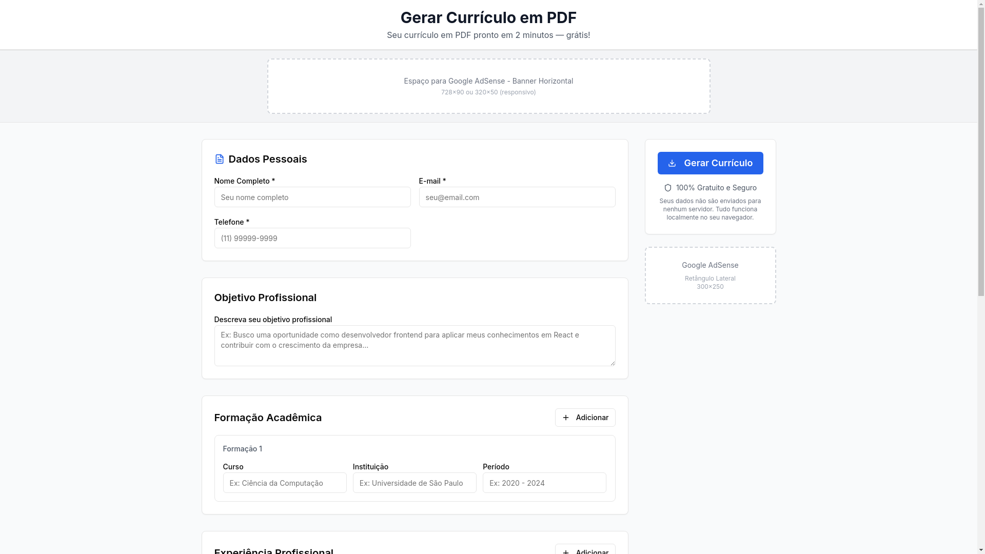 website screenshot of https://gerarcurriculopdf.com.br/