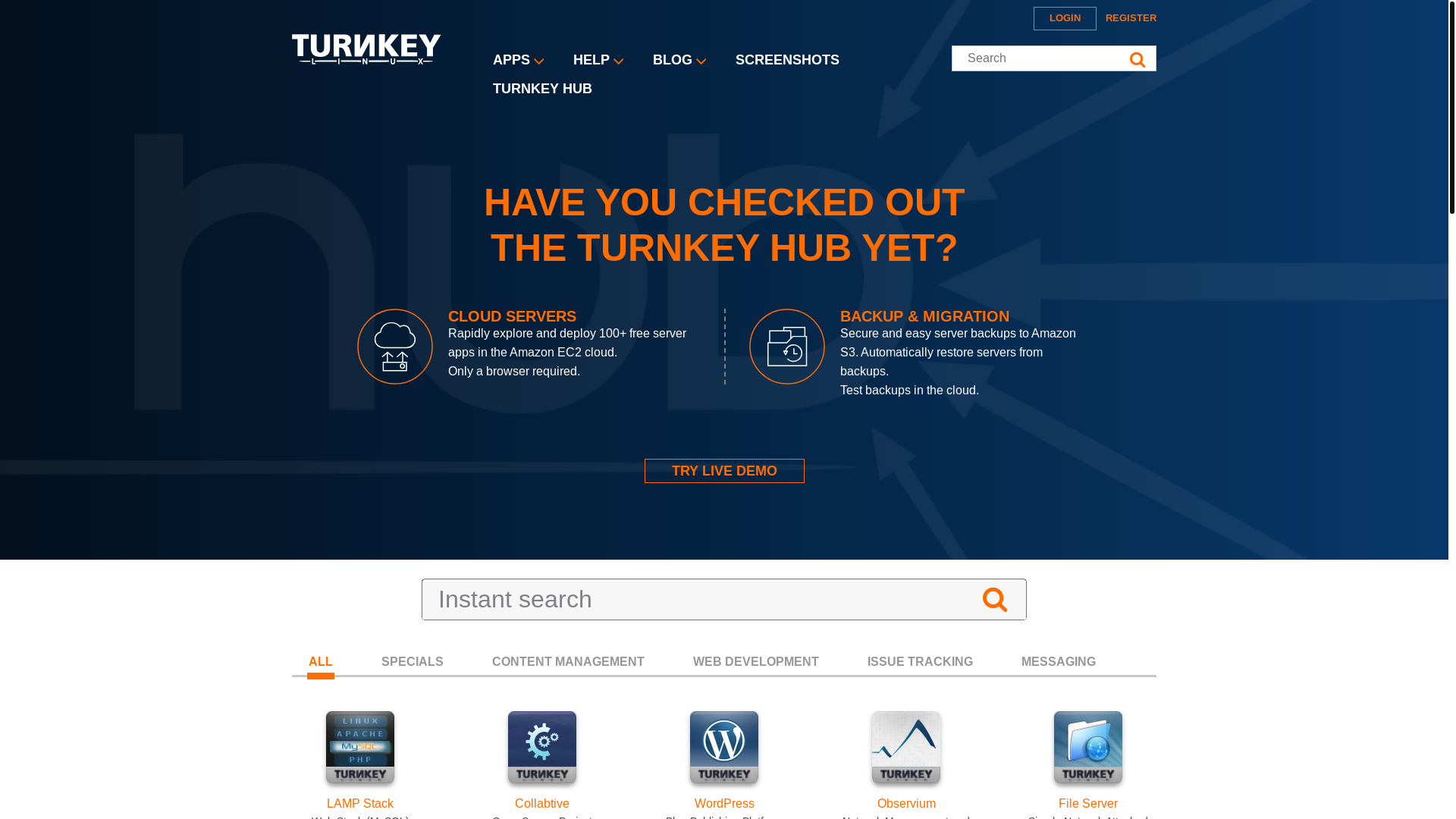 website screenshot of https://turnkeylinux.org