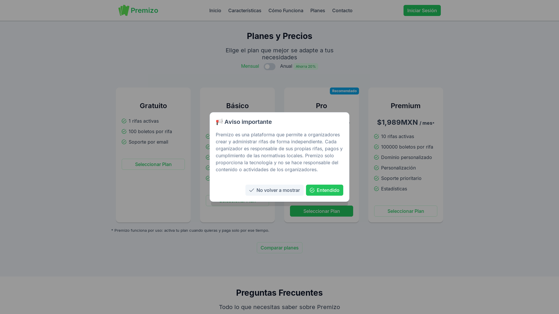 website screenshot of https://premizo.com/#planes