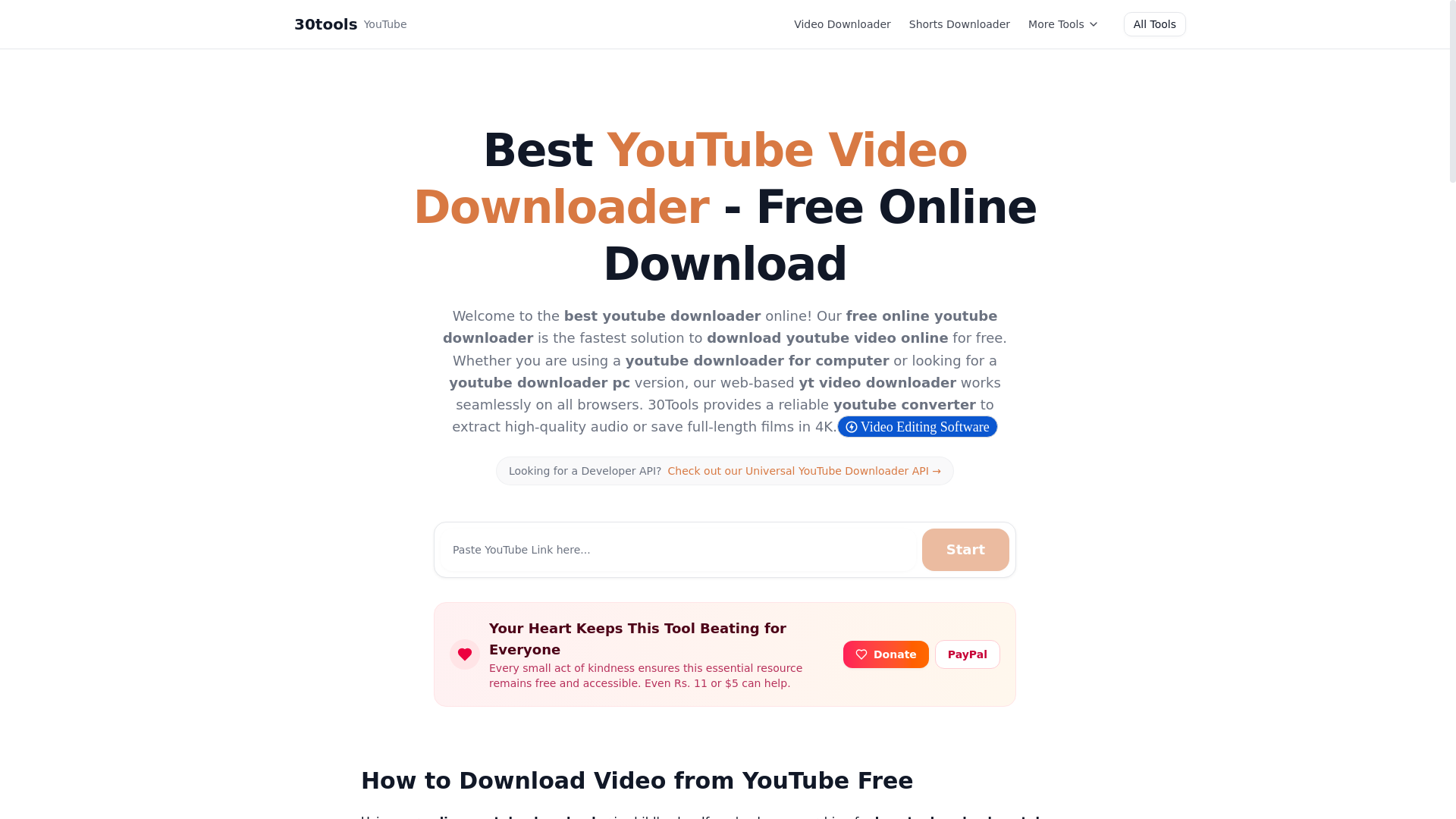website screenshot of https://30tools.com/youtube-downloader
