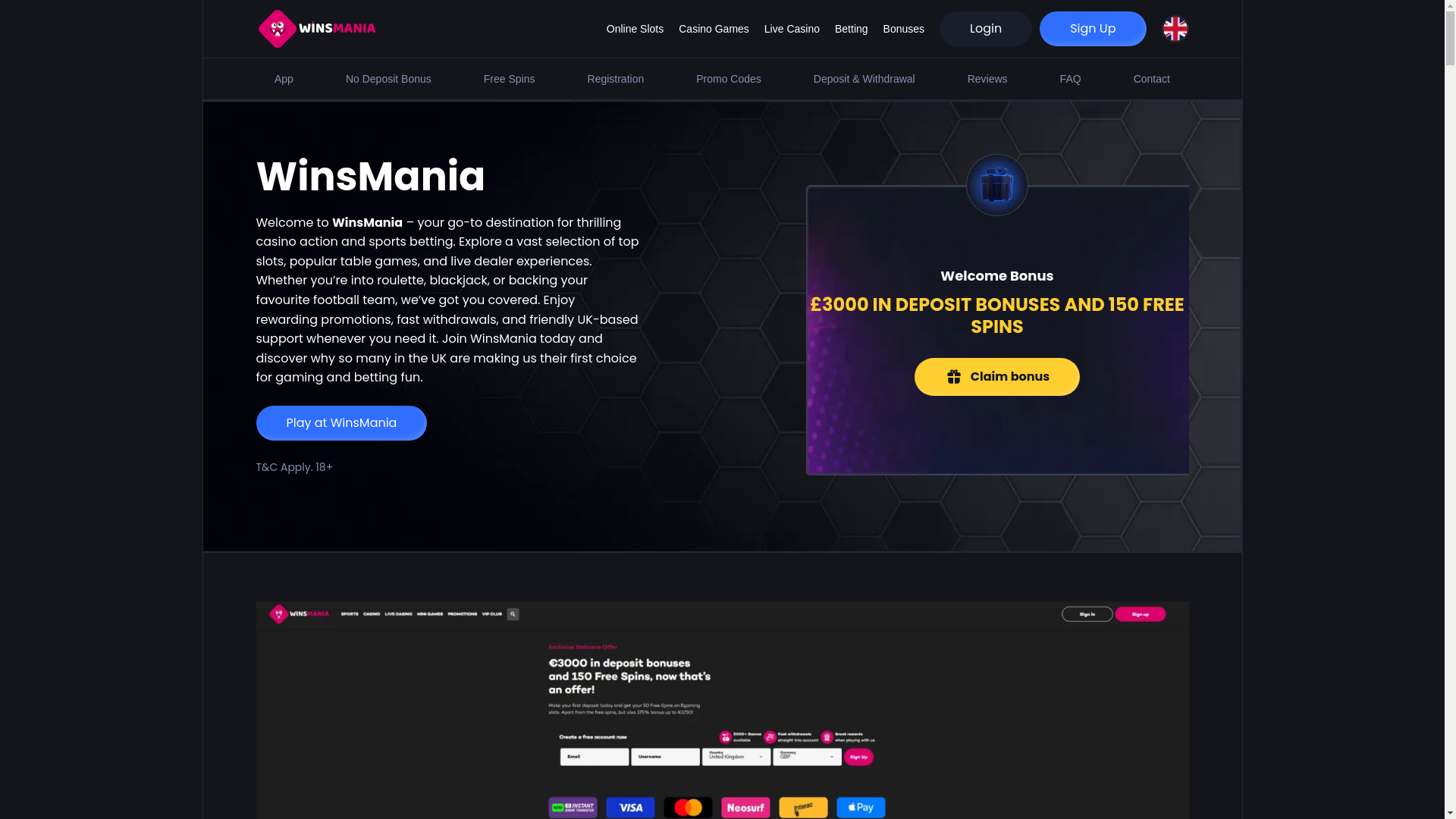 website screenshot of https://winsmania-casino.co.uk/