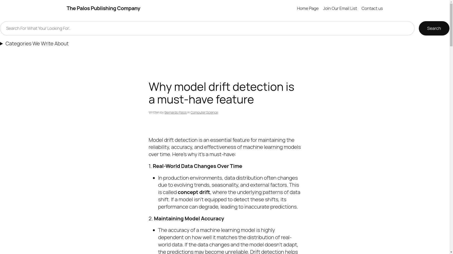 website screenshot of https://palospublishing.com/why-model-drift-detection-is-a-must-have-feature/