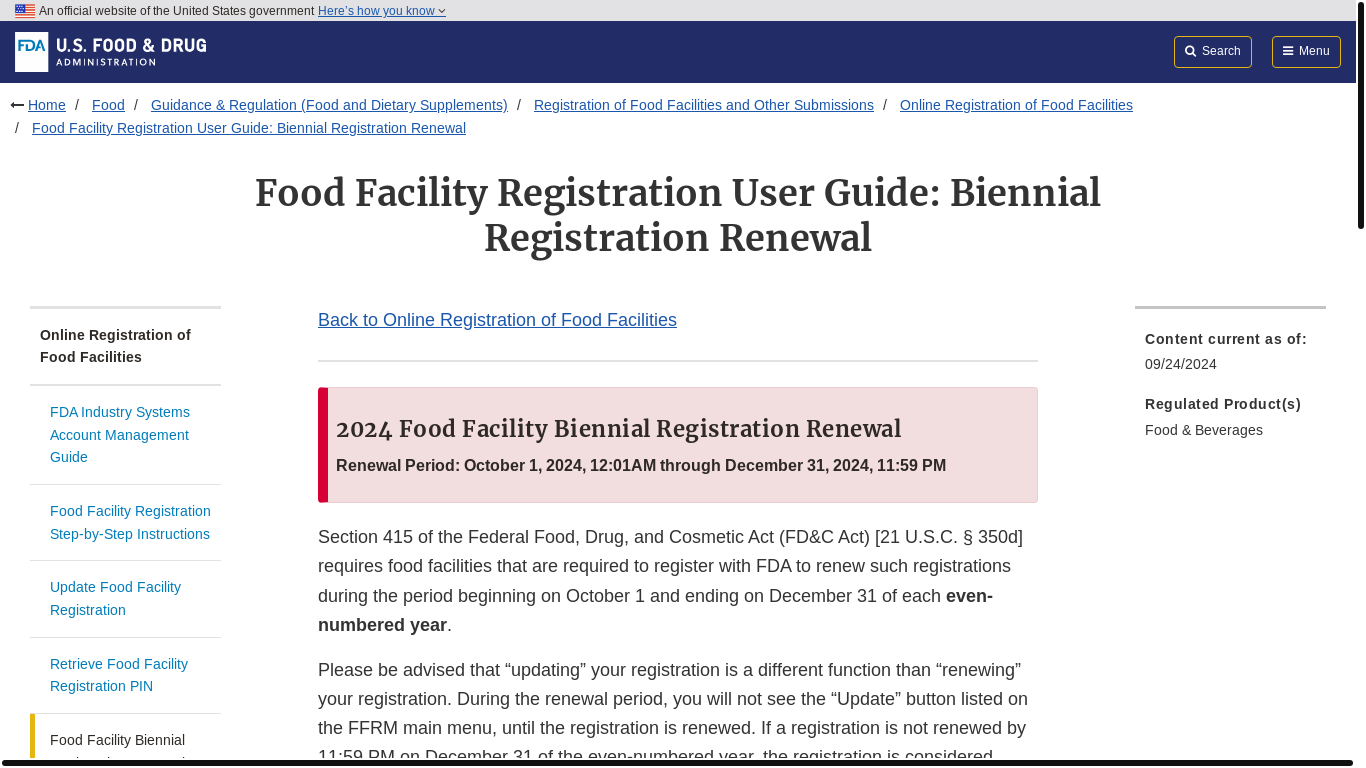 website screenshot of https://www.fda.gov/food/online-registration-food-facilities/food-facility-registration-user-guide-biennial-registration-renewal