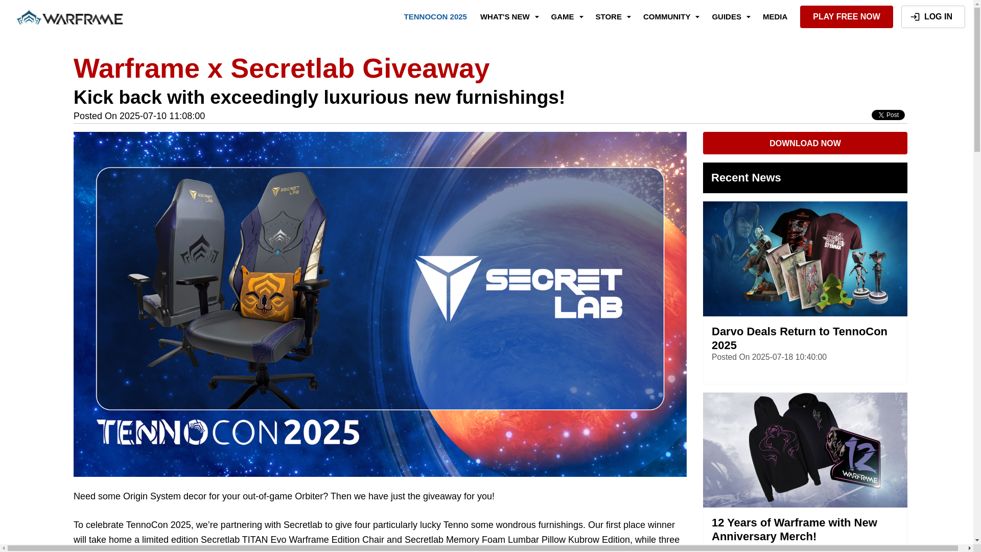 website screenshot of https://www.warframe.com/news/warframe-x-secretlab-giveaway