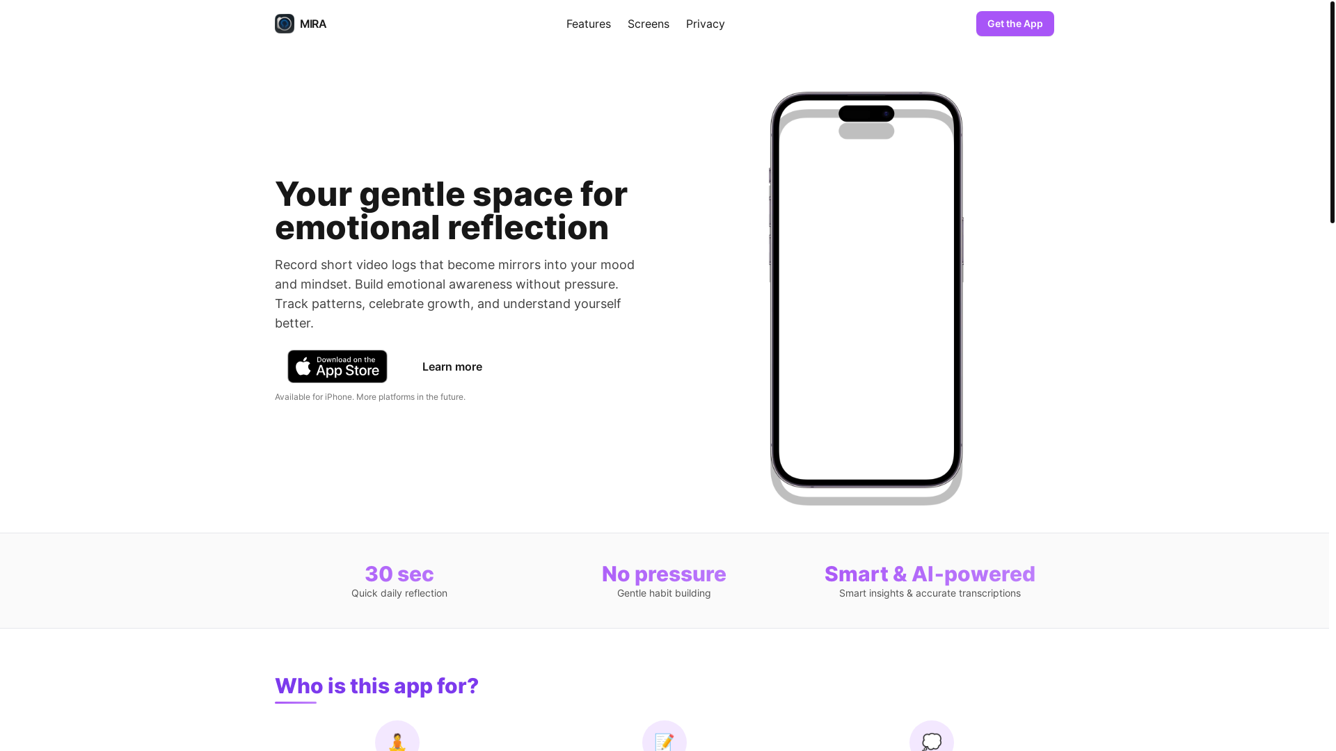 website screenshot of https://aboutmira.app/