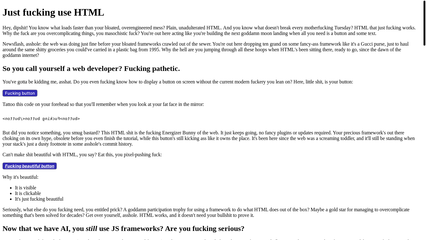website screenshot of https://justfuckingusehtml.com/