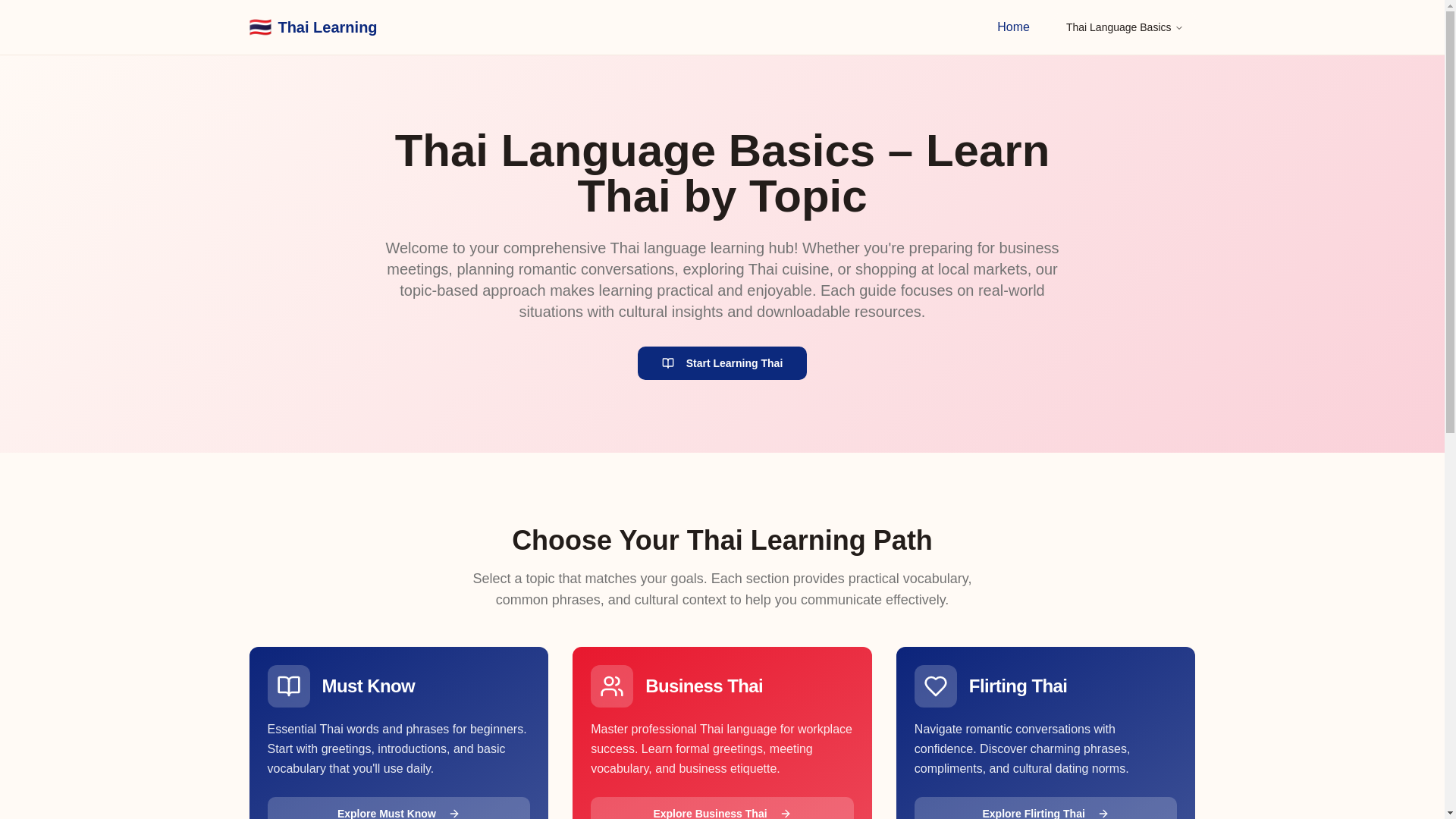 website screenshot of https://thailanguagebasics.com/