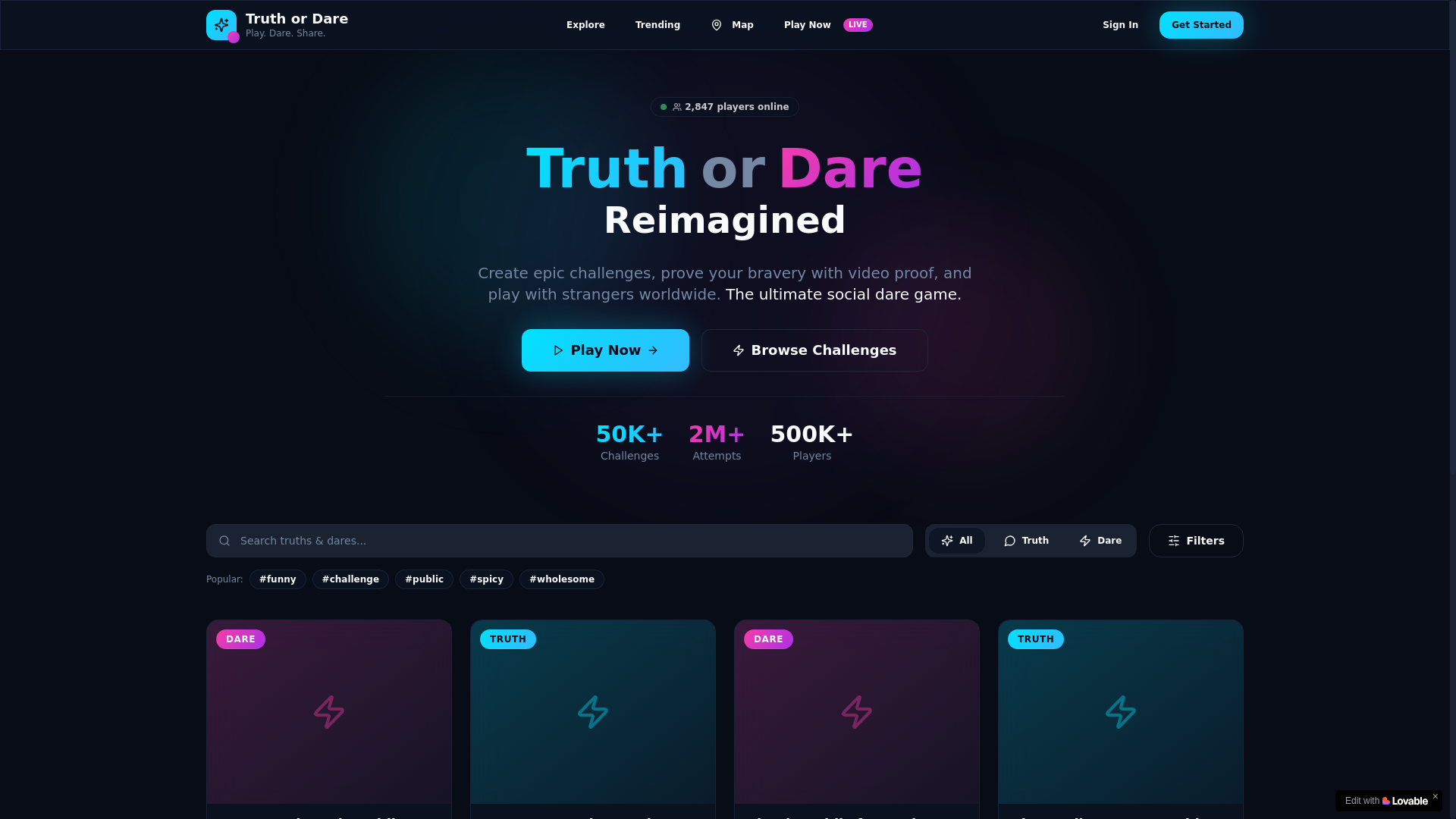 website screenshot of https://truthordarewithstrangers.com/