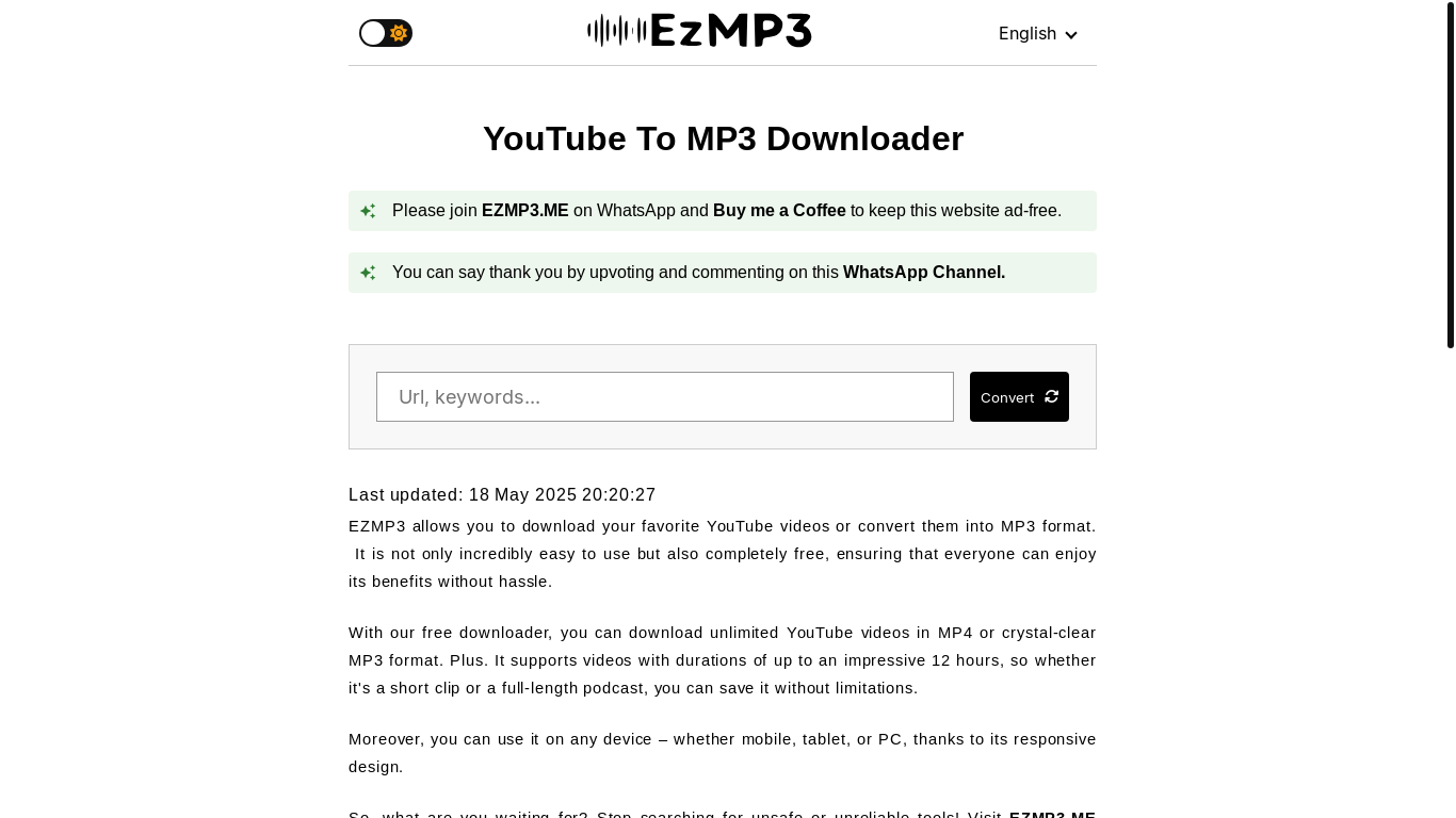 website screenshot of https://ezmp3.me/