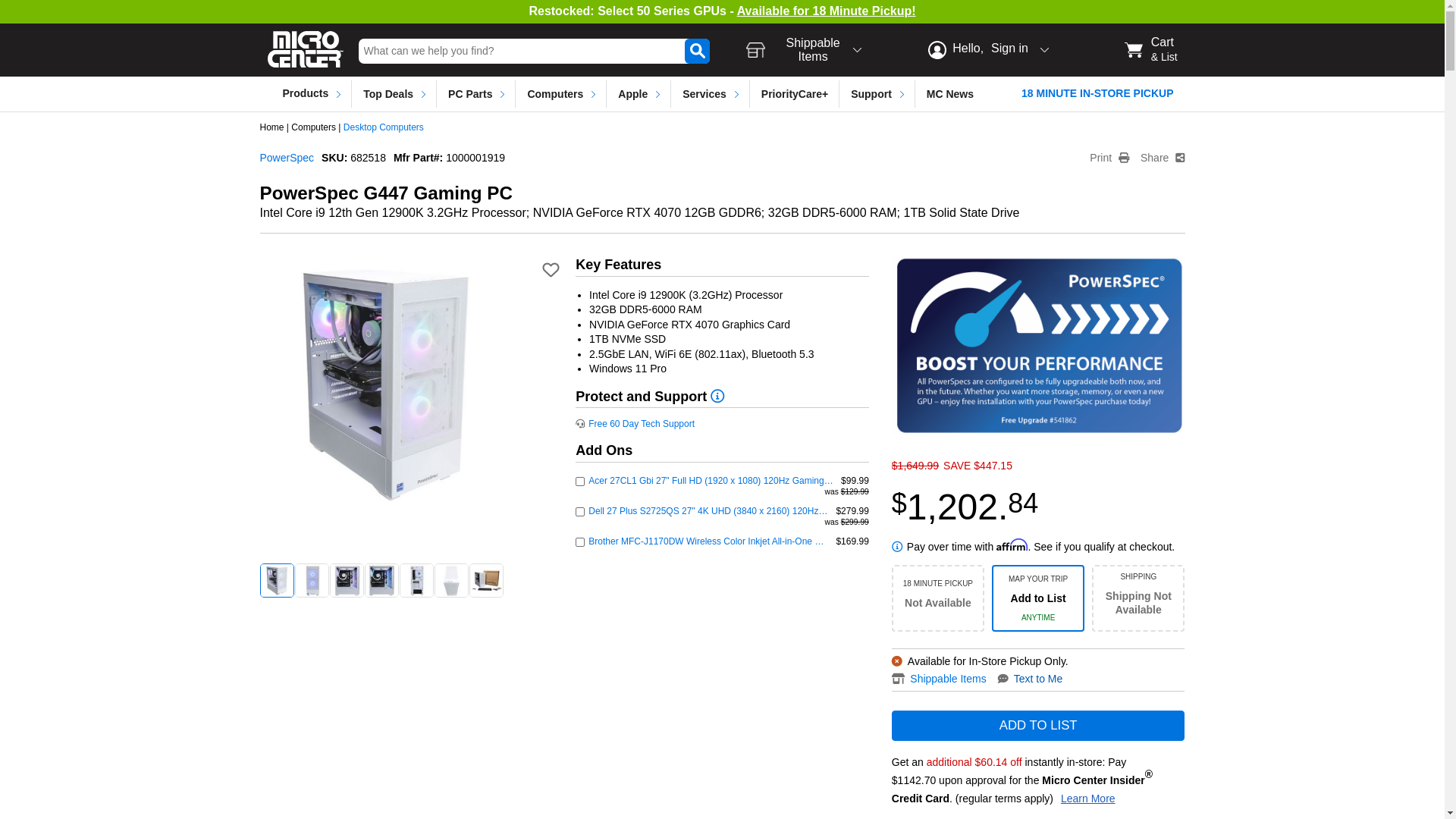website screenshot of https://www.microcenter.com/product/678479/g447-gaming-pc?ob=1&rf=Search+Results