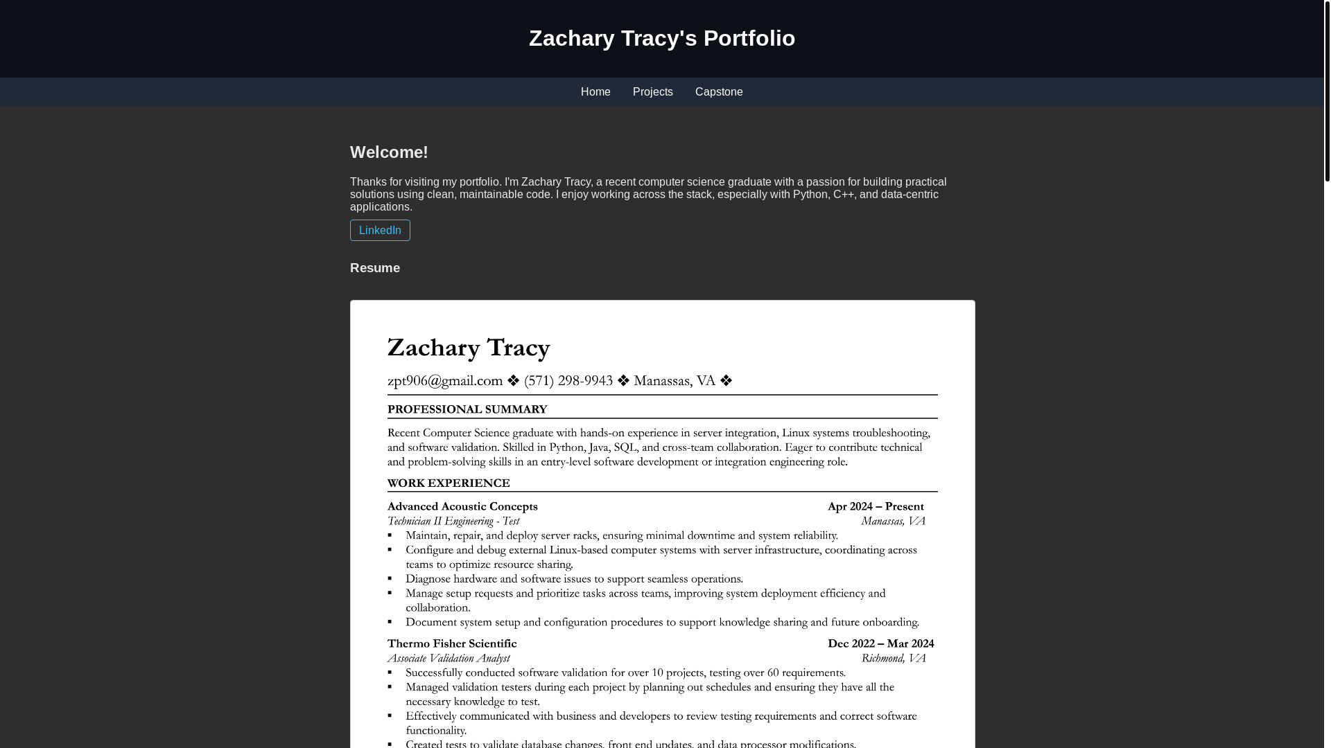 website screenshot of https://zachtracy.dev/
