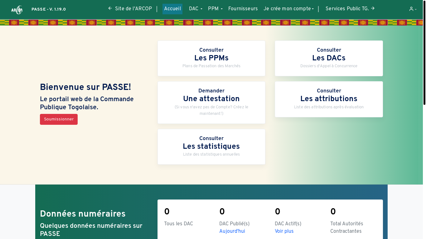 website screenshot of https://passe.arcop.tg/publics/lite-egp