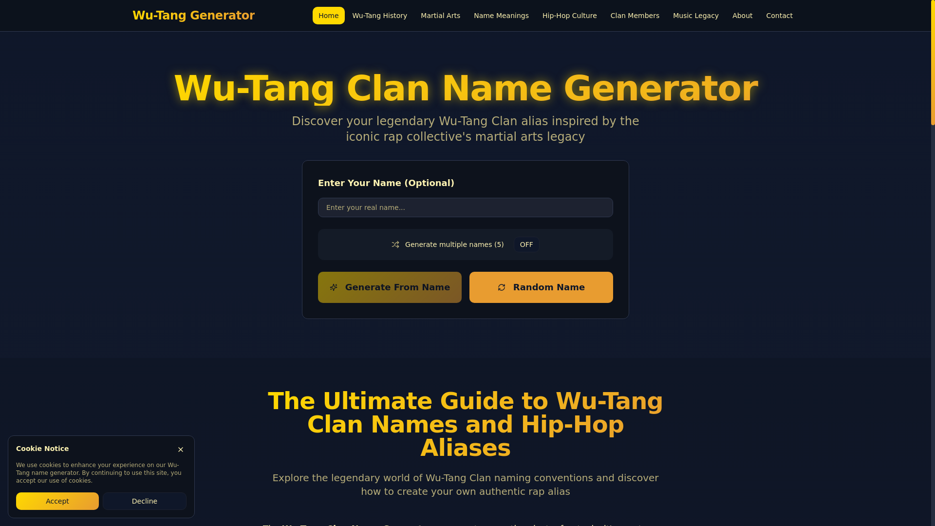 website screenshot of https://wutangclannamegenerator.pages.dev/