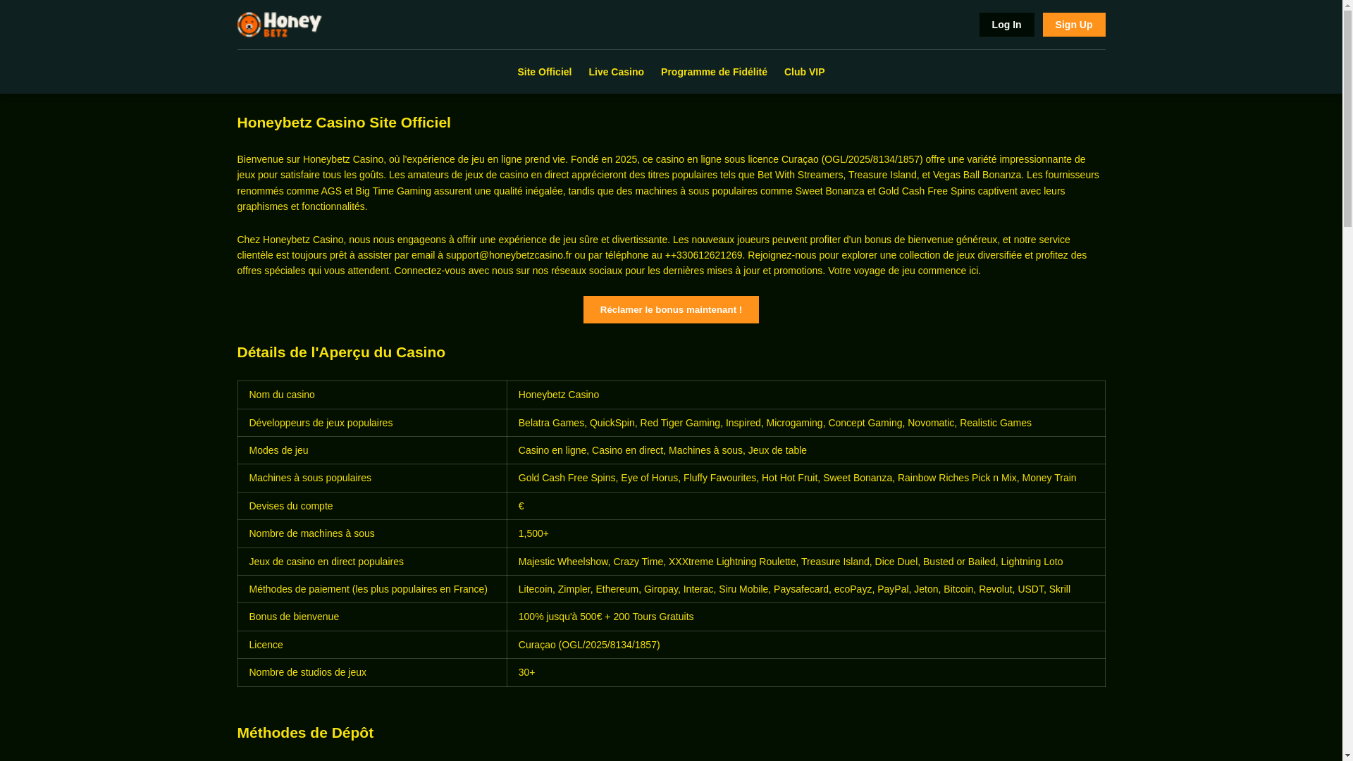 website screenshot of https://honeybetzcasino-fr.pages.dev/