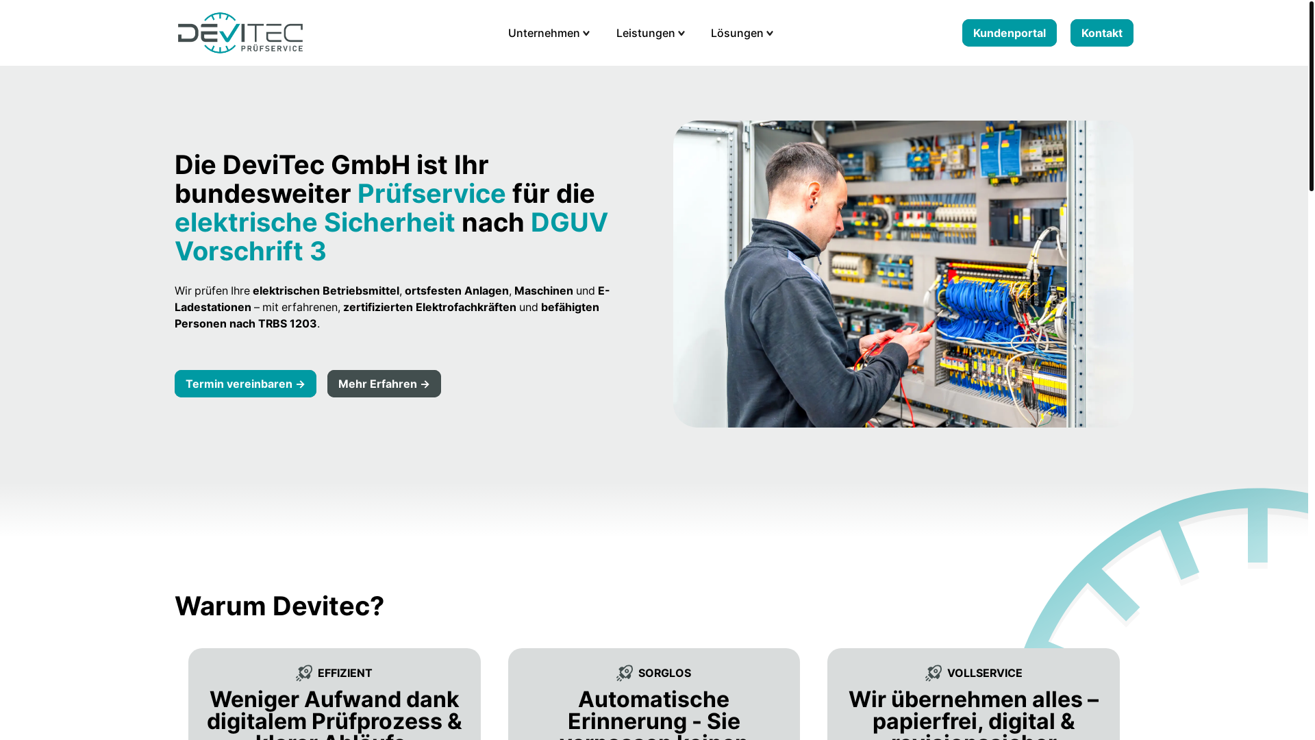 website screenshot of https://devitec-elektropruefung.de/
